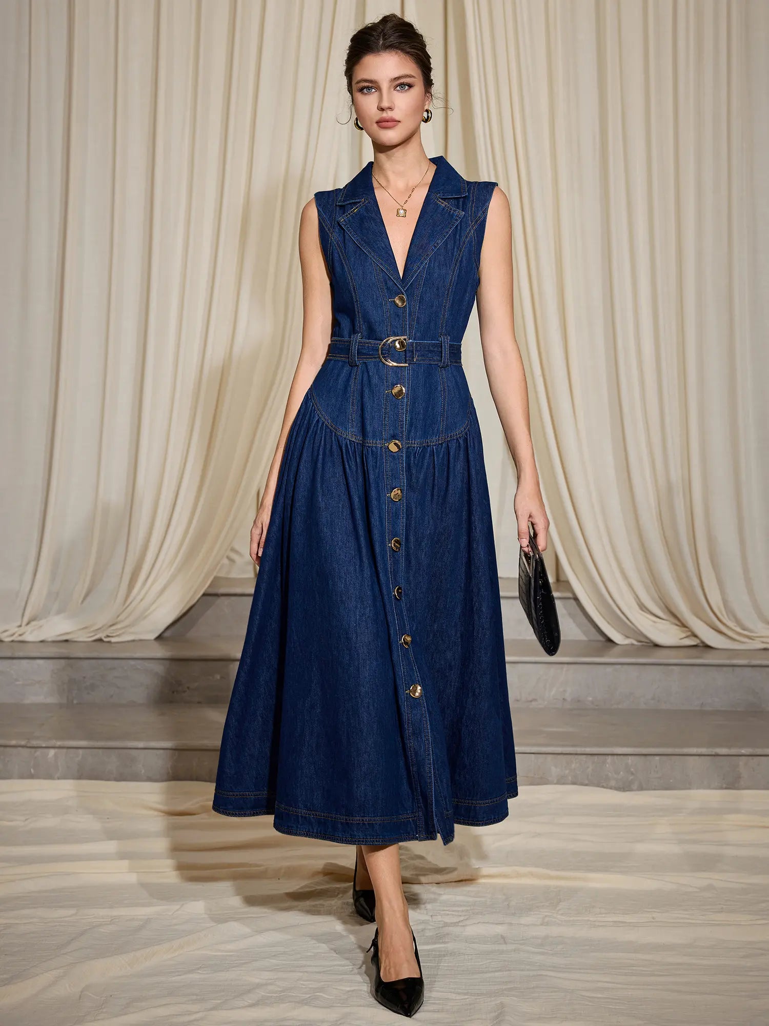 V-Neck Sleeveless Denim Dress|NOOSGOP