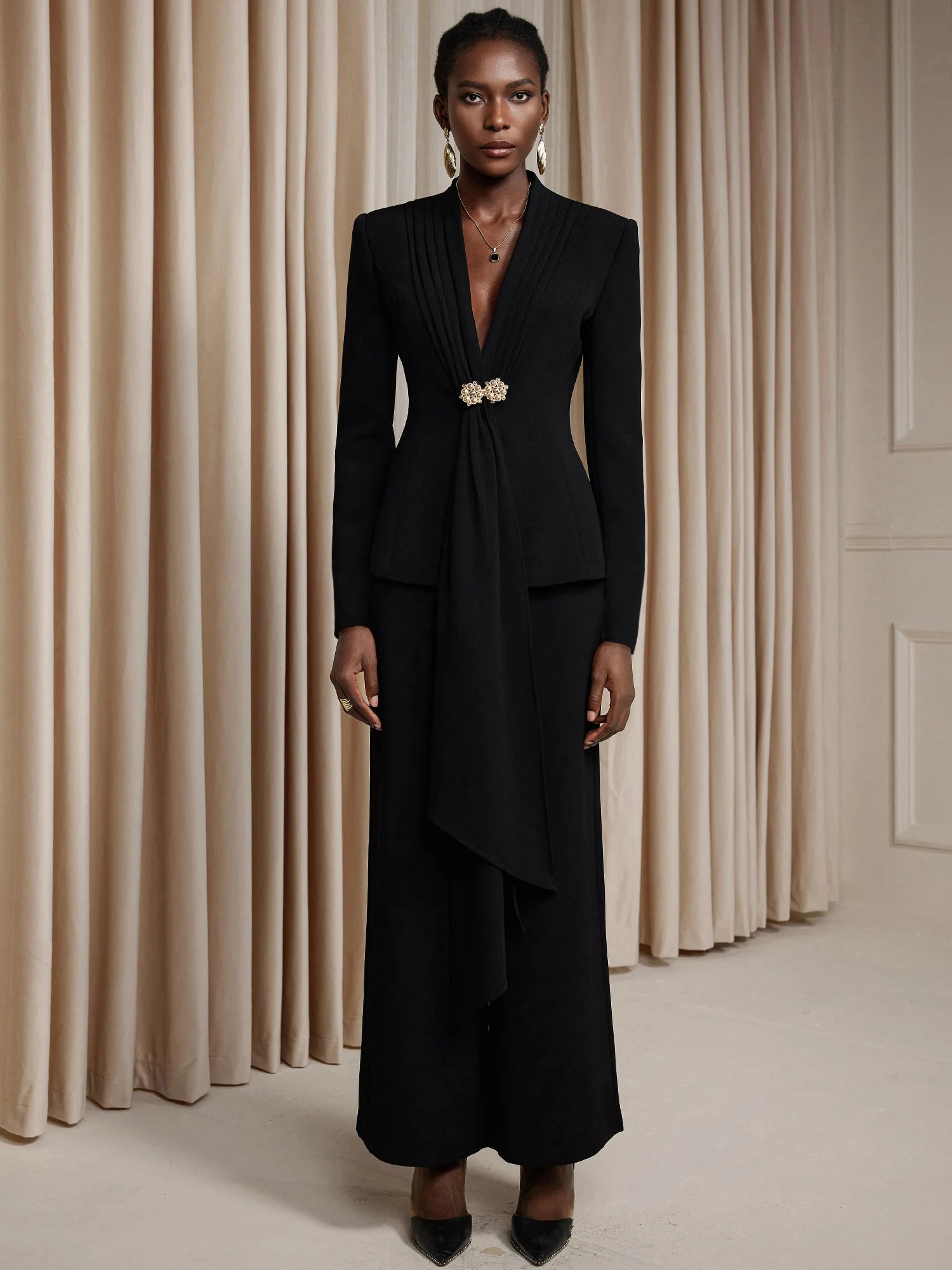 V-Neck Suit with Metal Button Two-Piece Set|NOOSGOP