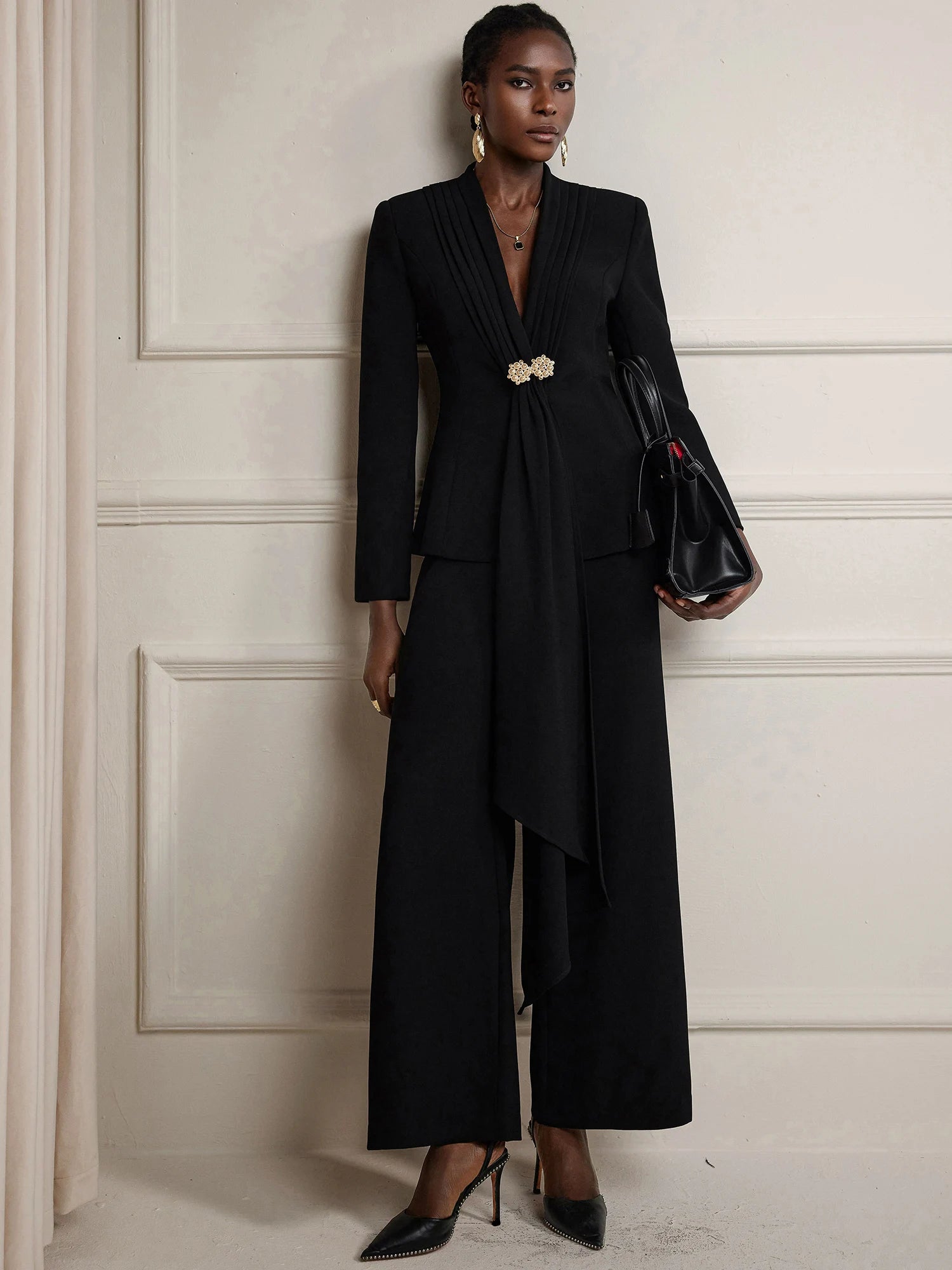 V-Neck Suit with Metal Button Two-Piece Set|NOOSGOP