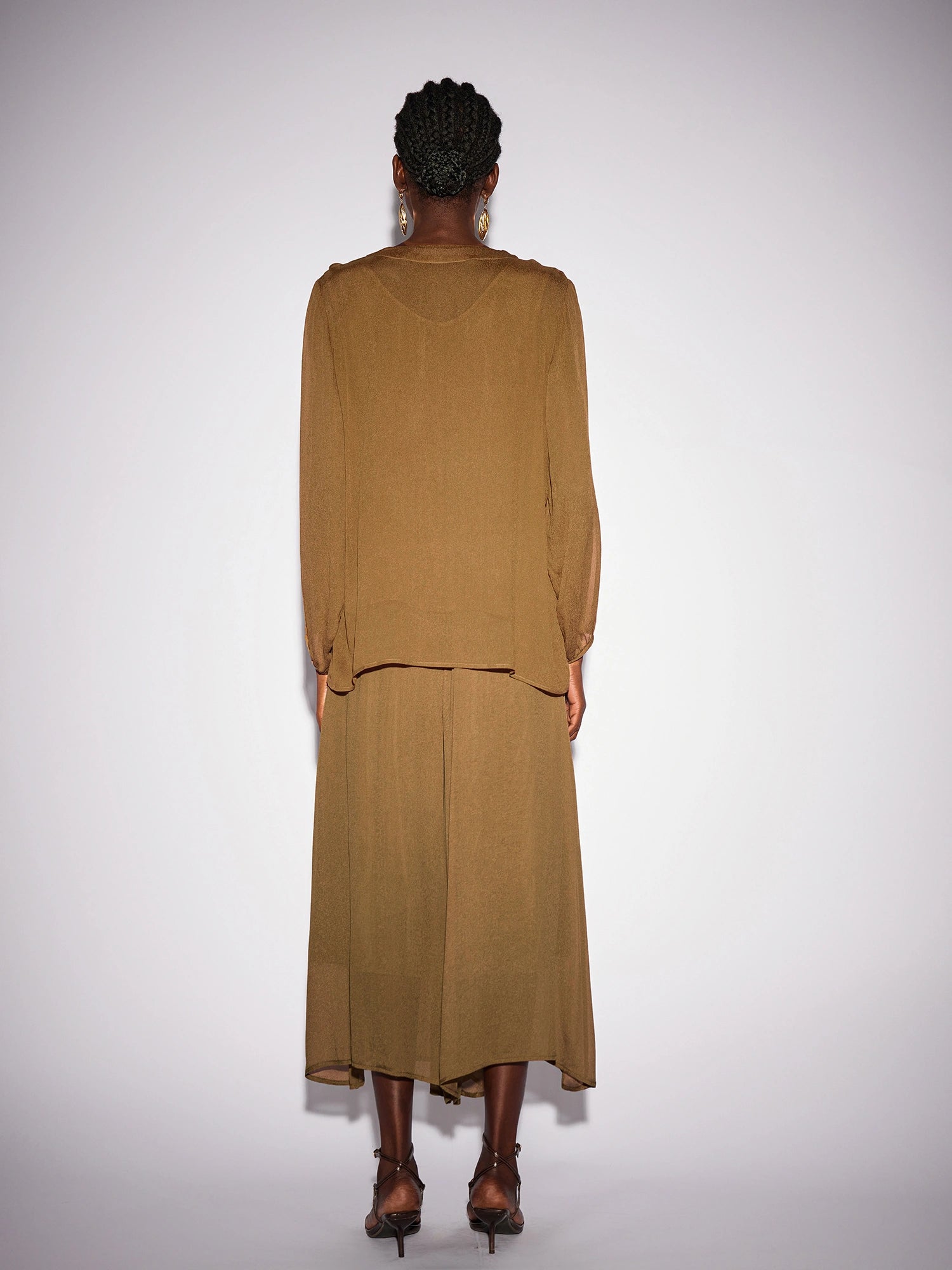 Vintage Brown V-Neck Mesh Two-Piece Set|NOOSGOP