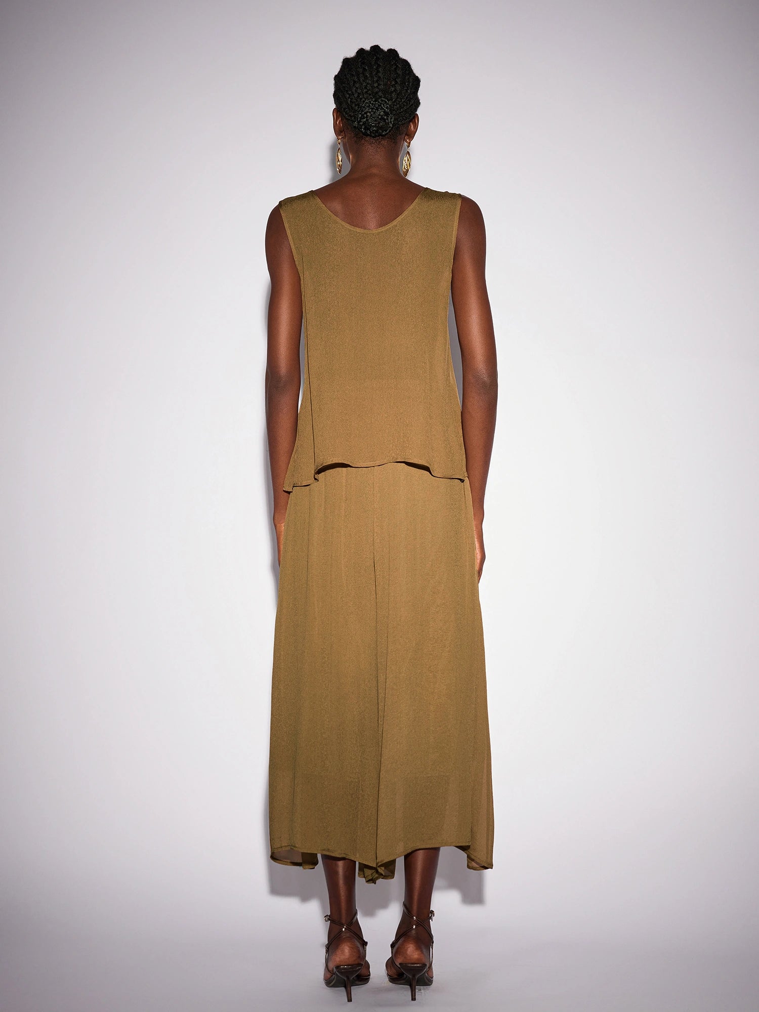 Vintage Brown V-Neck Mesh Two-Piece Set|NOOSGOP