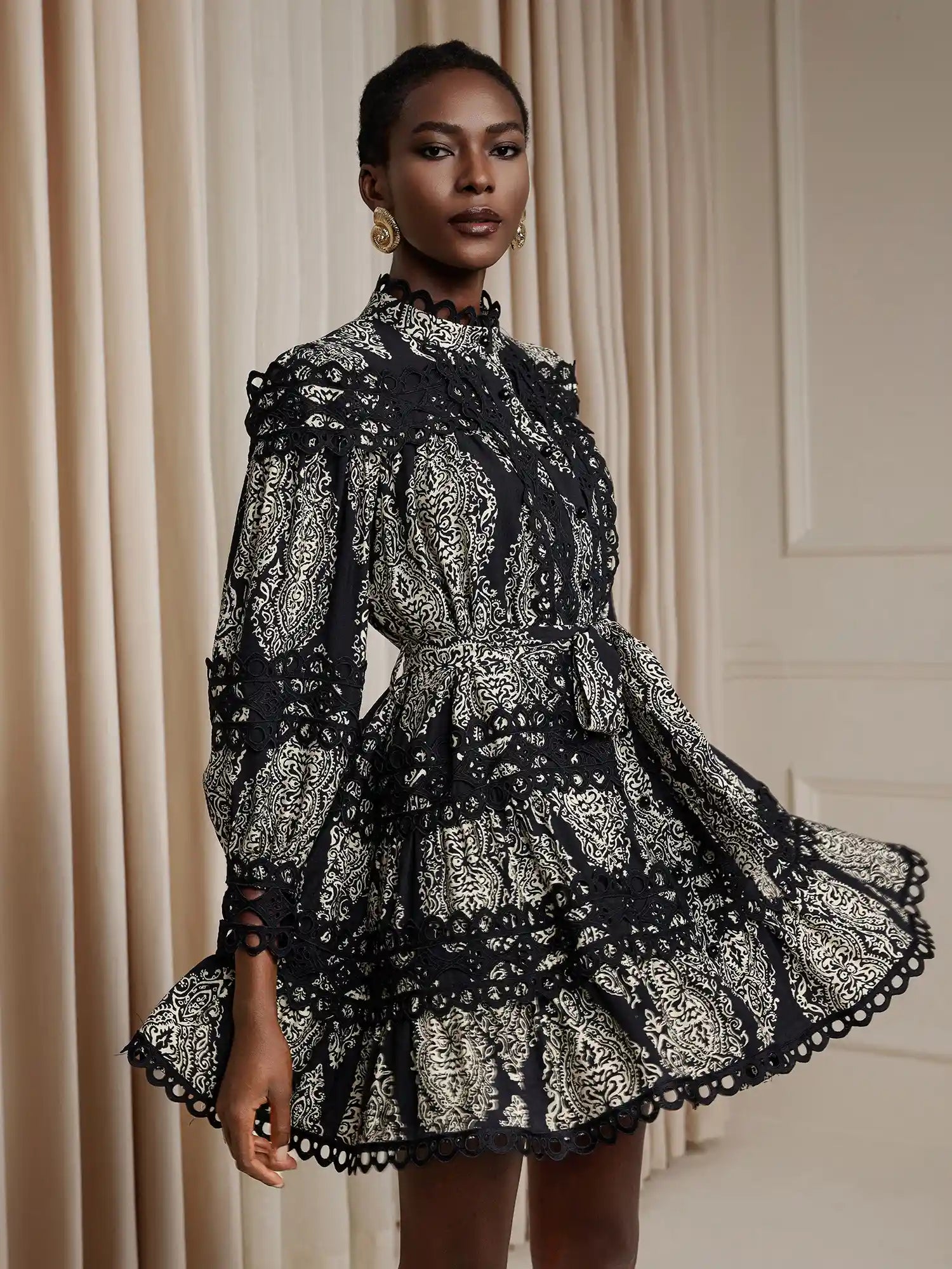 Vintage Printed High-Neck Mini Dress|NOOSGOP