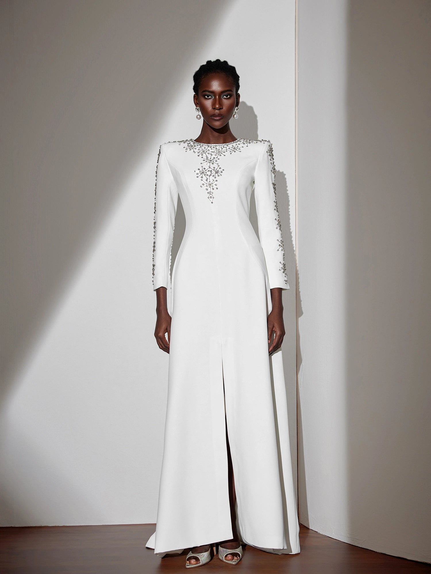 White Beaded Fitted Maxi Dress|NOOSGOP