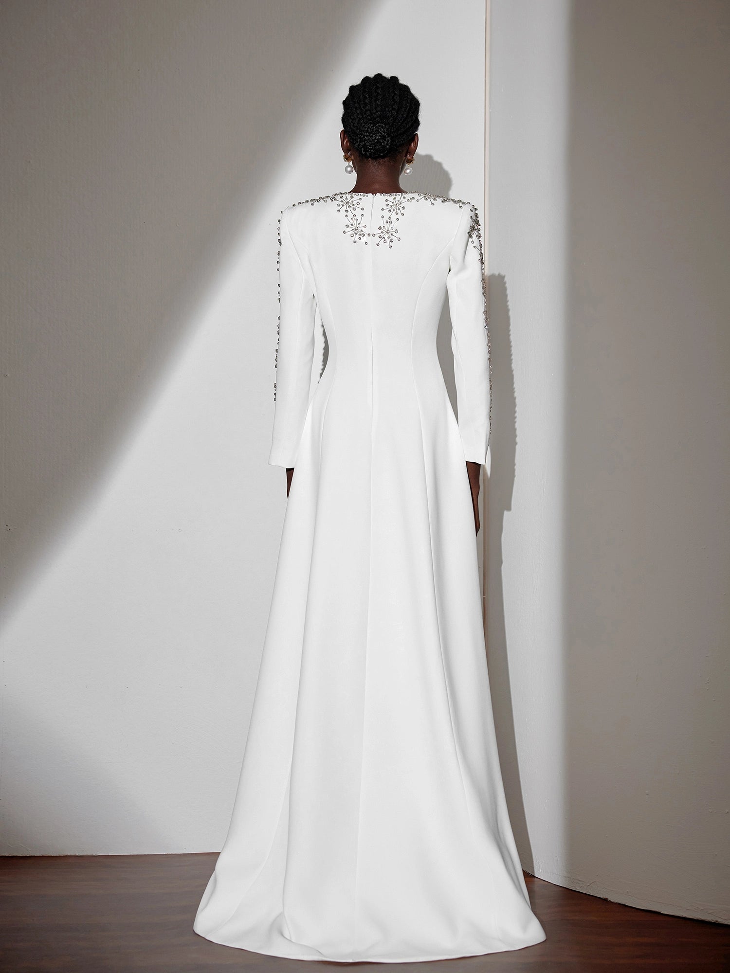 White Beaded Fitted Maxi Dress|NOOSGOP