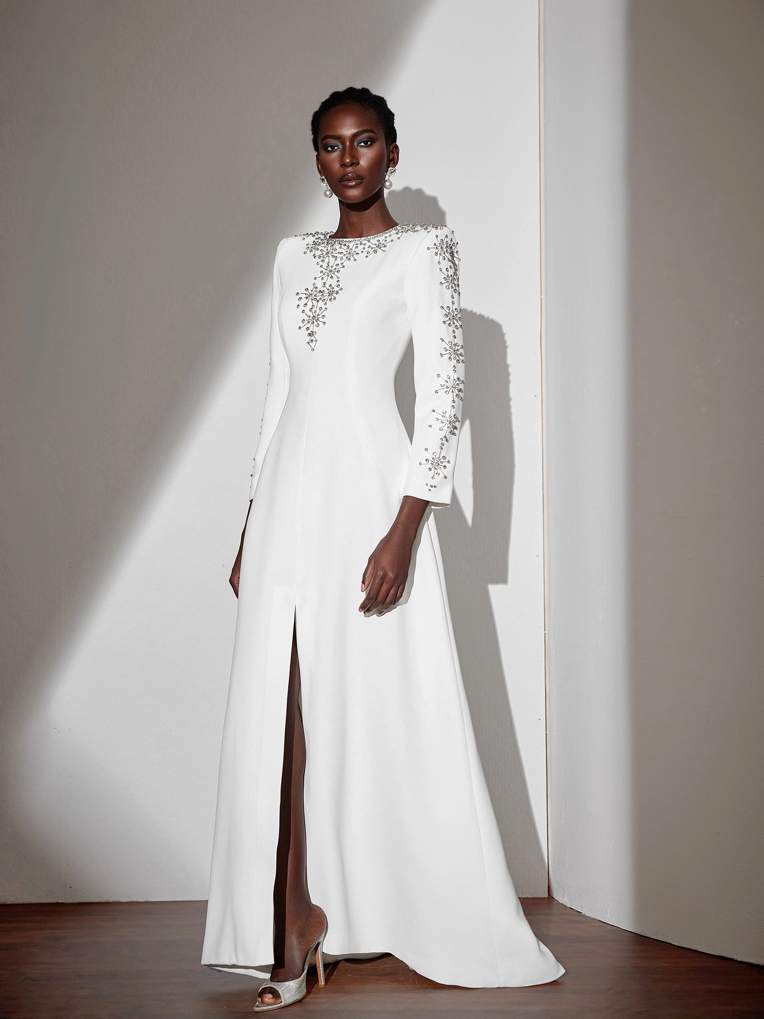 White Beaded Fitted Maxi Dress|NOOSGOP