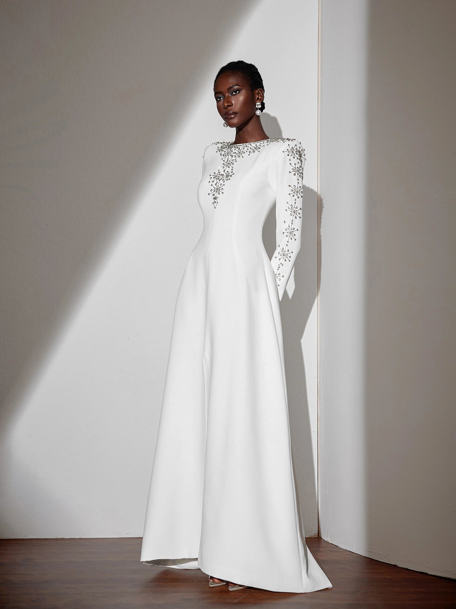 White Beaded Fitted Maxi Dress|NOOSGOP