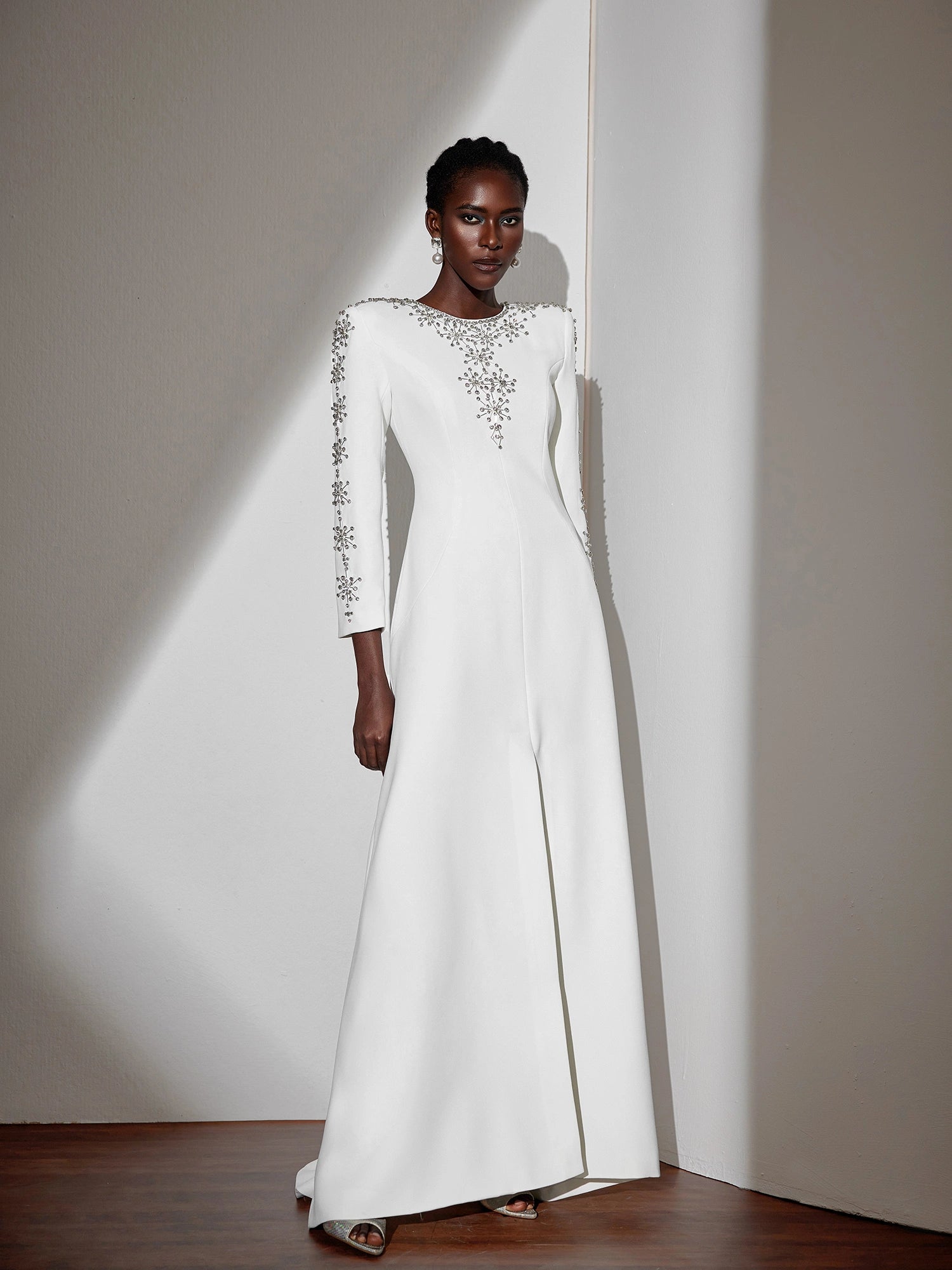 White Beaded Fitted Maxi Dress|NOOSGOP