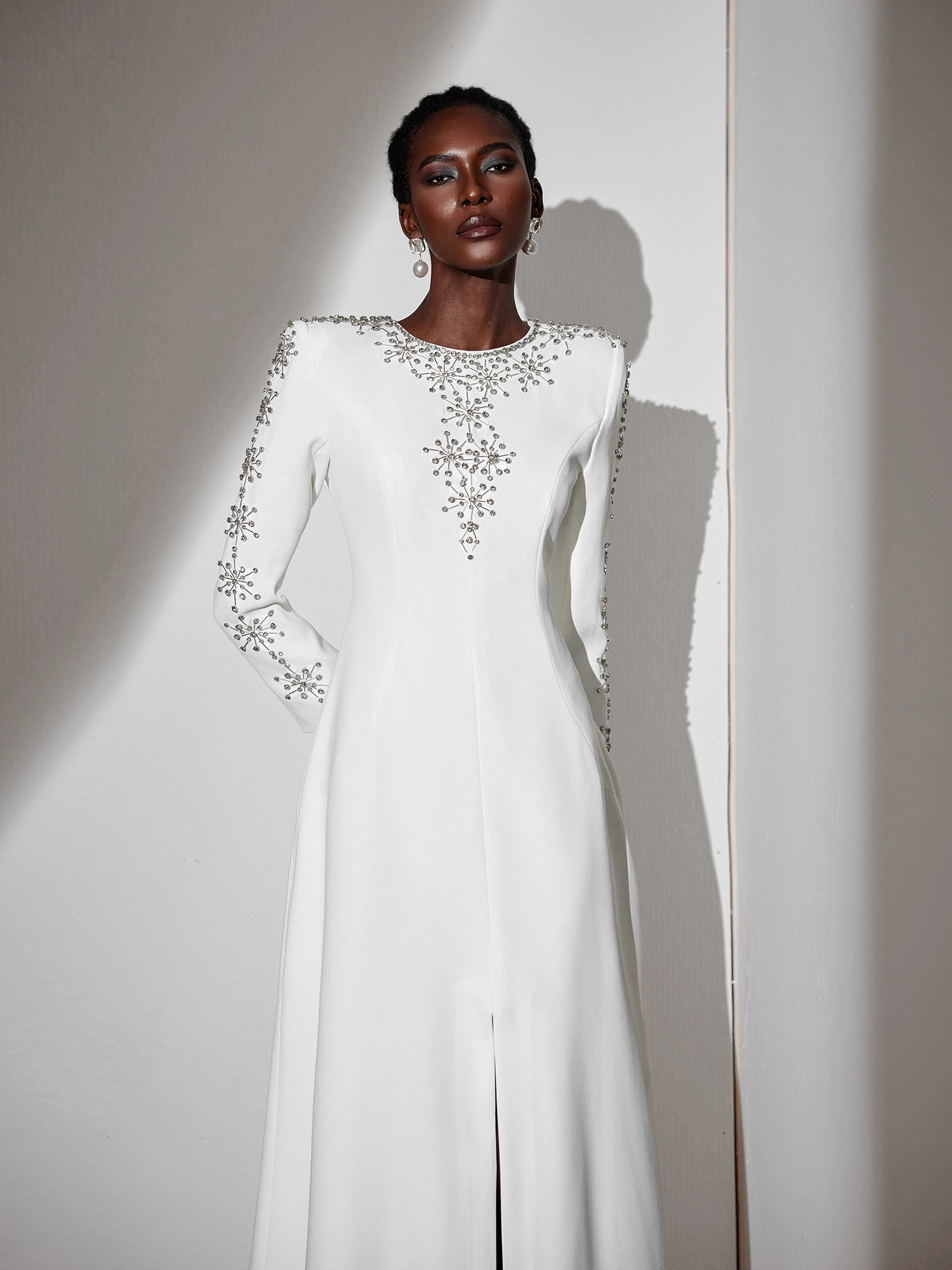 White Beaded Fitted Maxi Dress|NOOSGOP