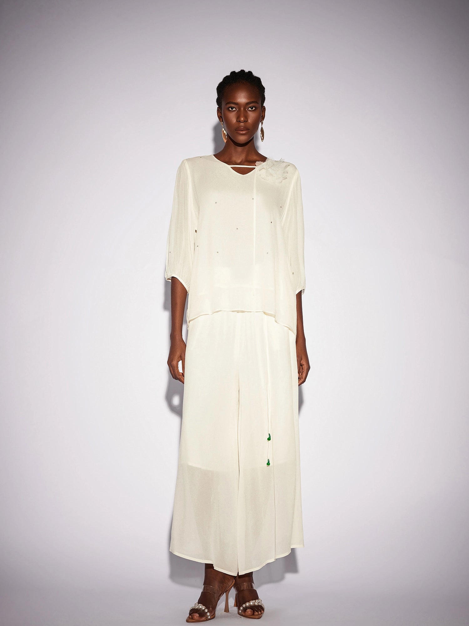 White Beaded Mesh Two-Piece Set|NOOSGOP