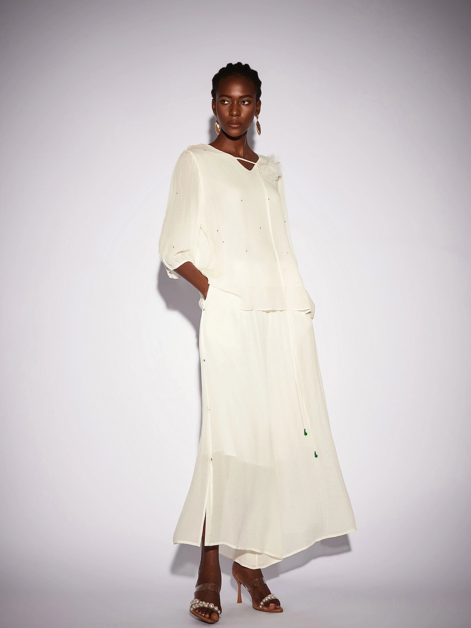 White Beaded Mesh Two-Piece Set|NOOSGOP