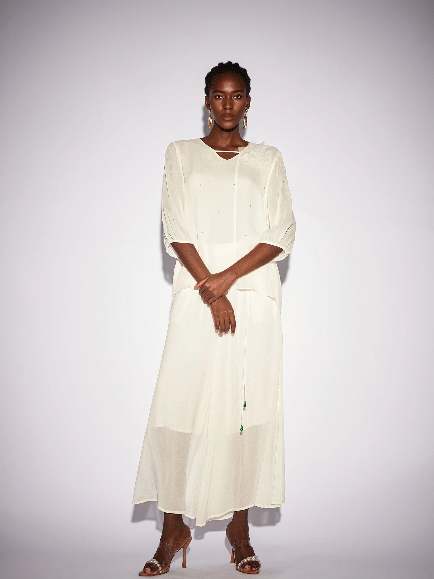 White Beaded Mesh Two-Piece Set|NOOSGOP