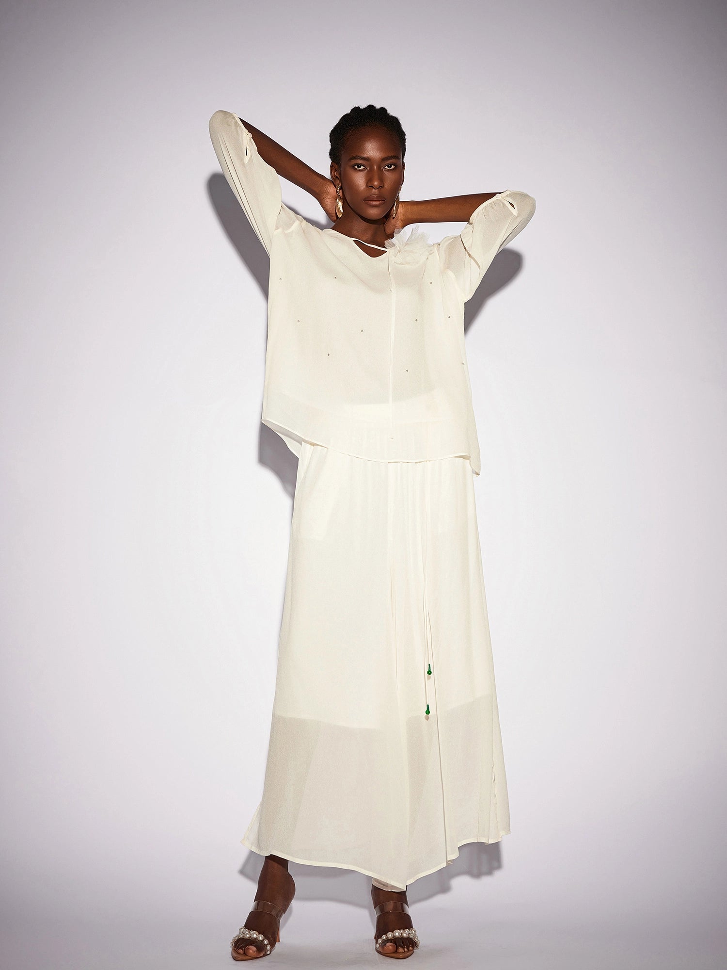 White Beaded Mesh Two-Piece Set|NOOSGOP