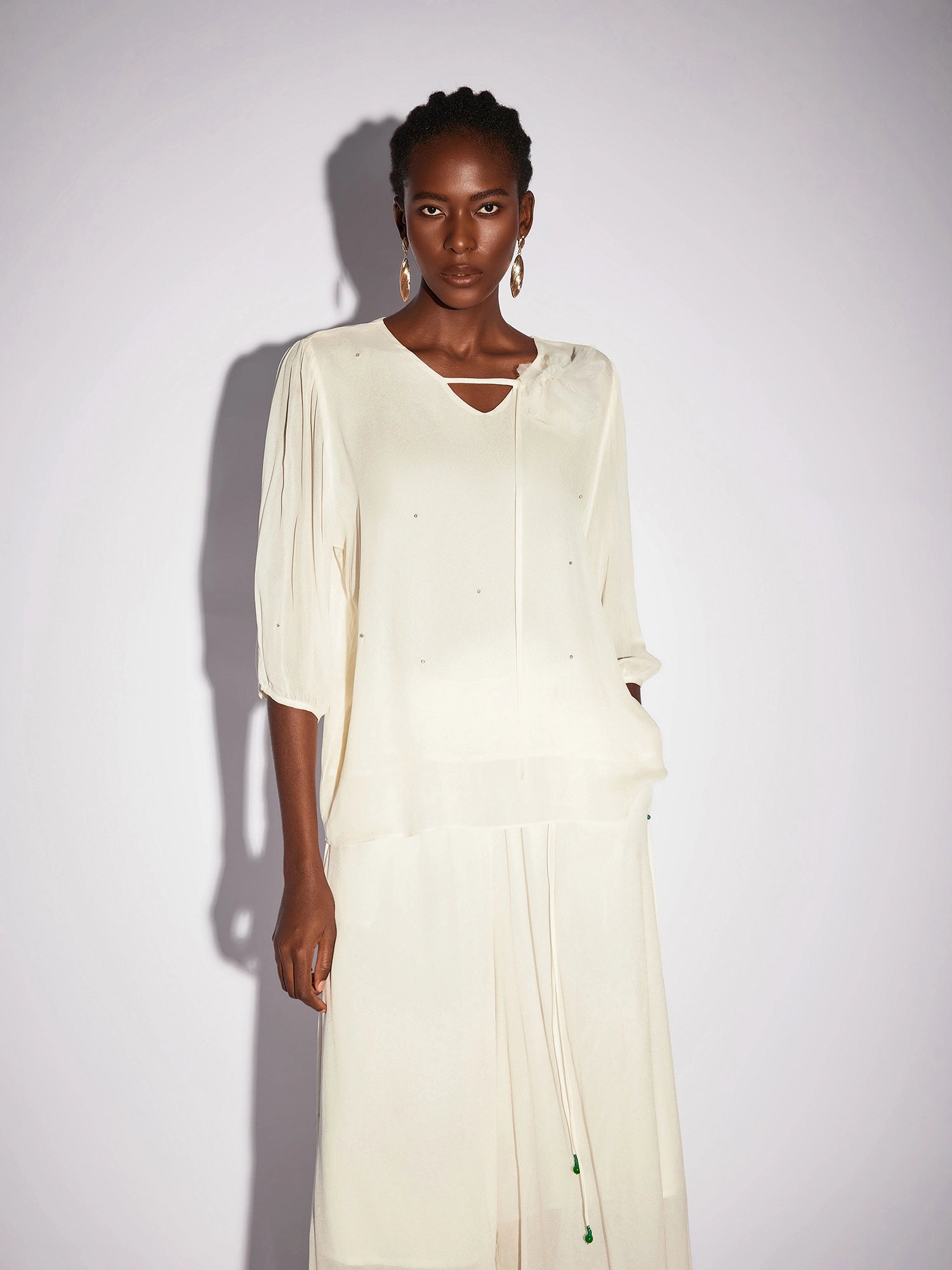 White Beaded Mesh Two-Piece Set|NOOSGOP