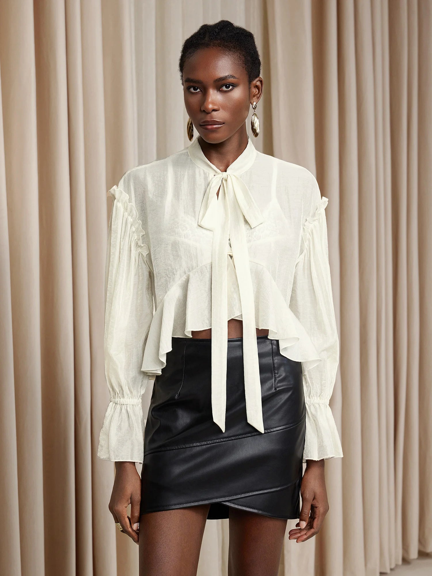 White Cropped Ruffle Ruched Tie-Up Top|NOOSGOP