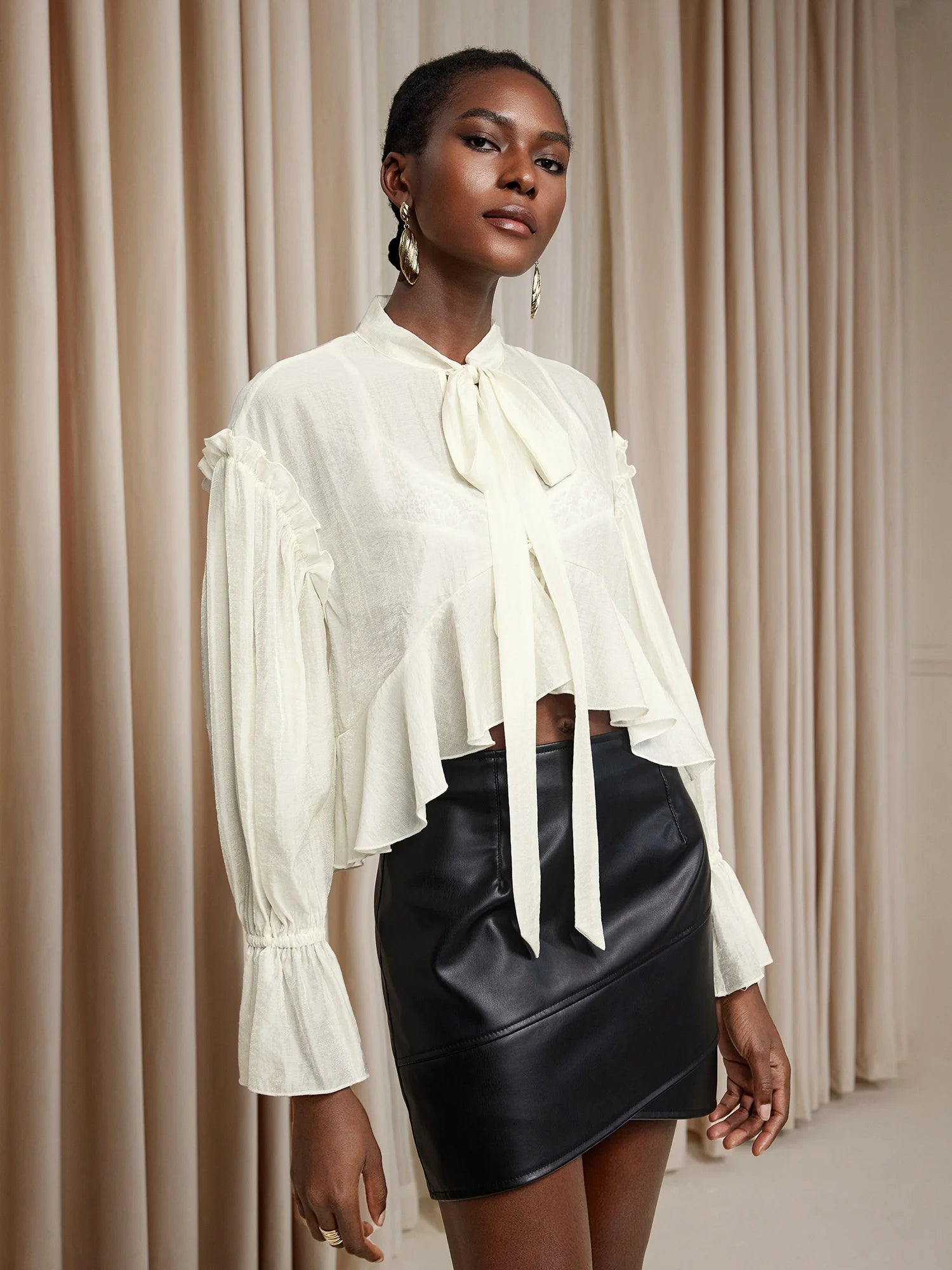 White Cropped Ruffle Ruched Tie-Up Top|NOOSGOP