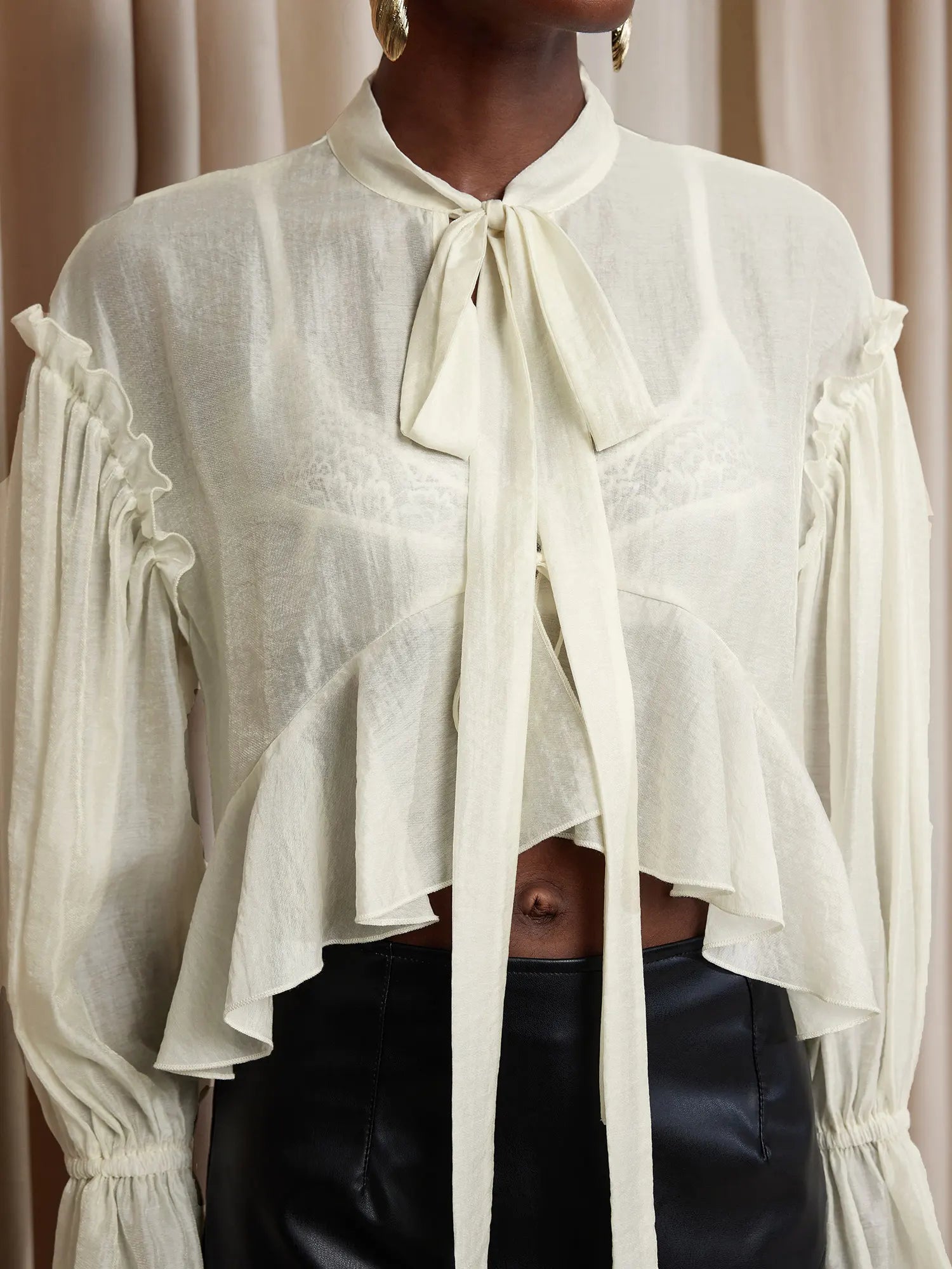 White Cropped Ruffle Ruched Tie-Up Top|NOOSGOP