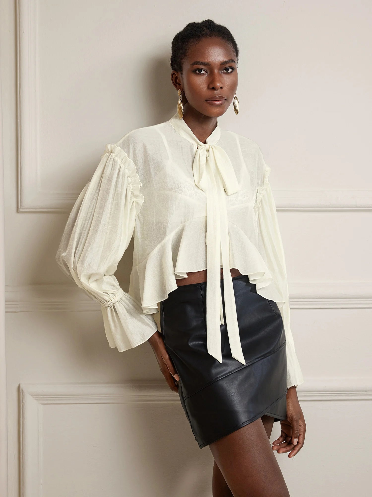 White Cropped Ruffle Ruched Tie-Up Top|NOOSGOP