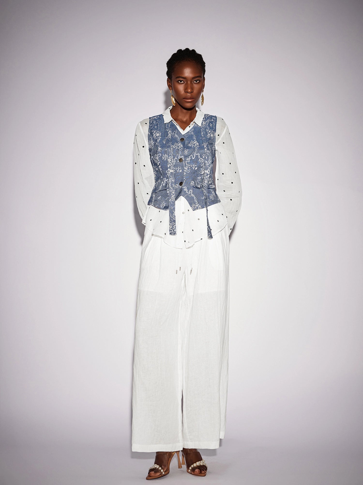 White Dot Shirt Two-Piece Set with Floral Blue Waistcoat|NOOSGOP