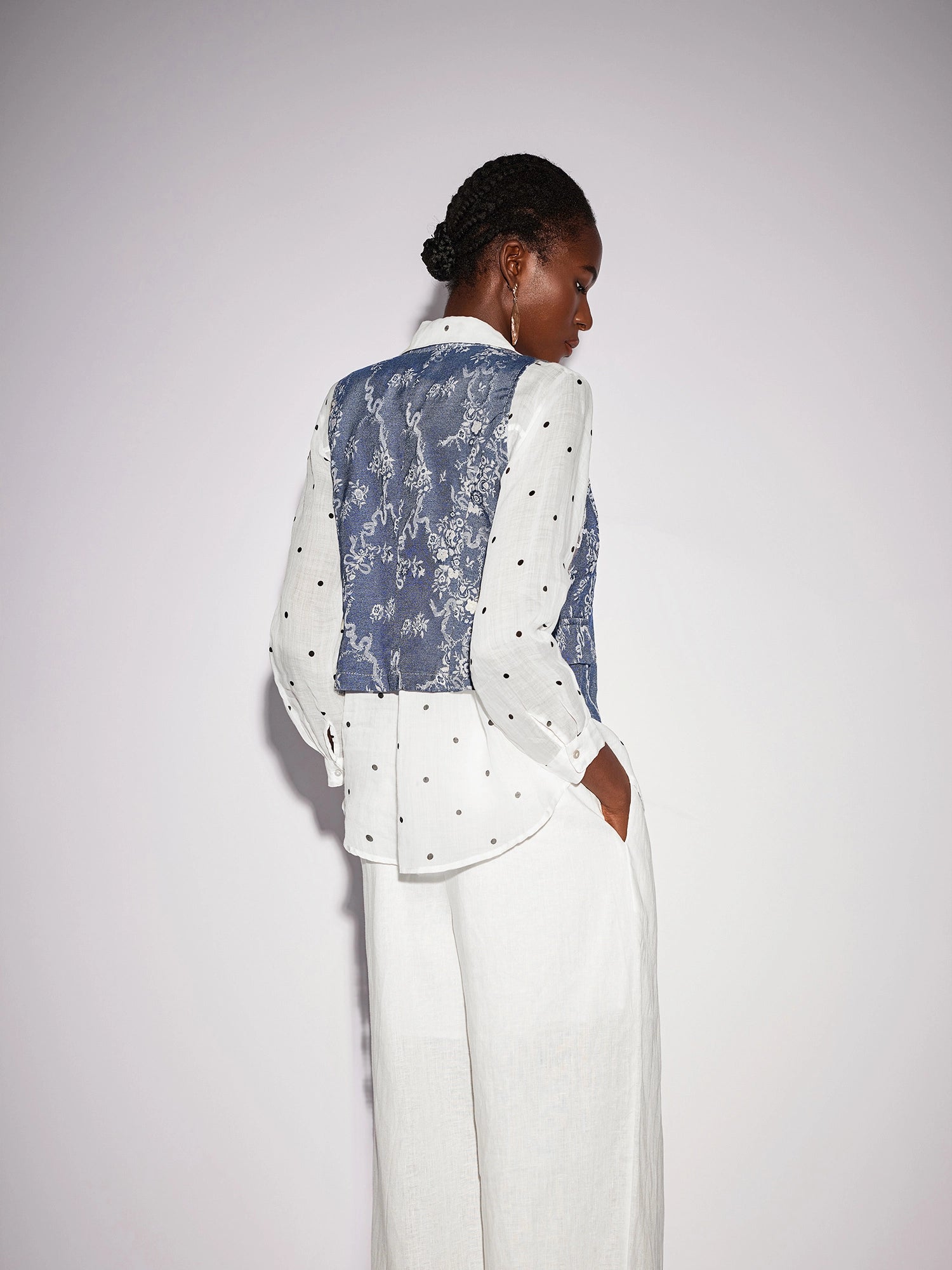 White Dot Shirt Two-Piece Set with Floral Blue Waistcoat|NOOSGOP