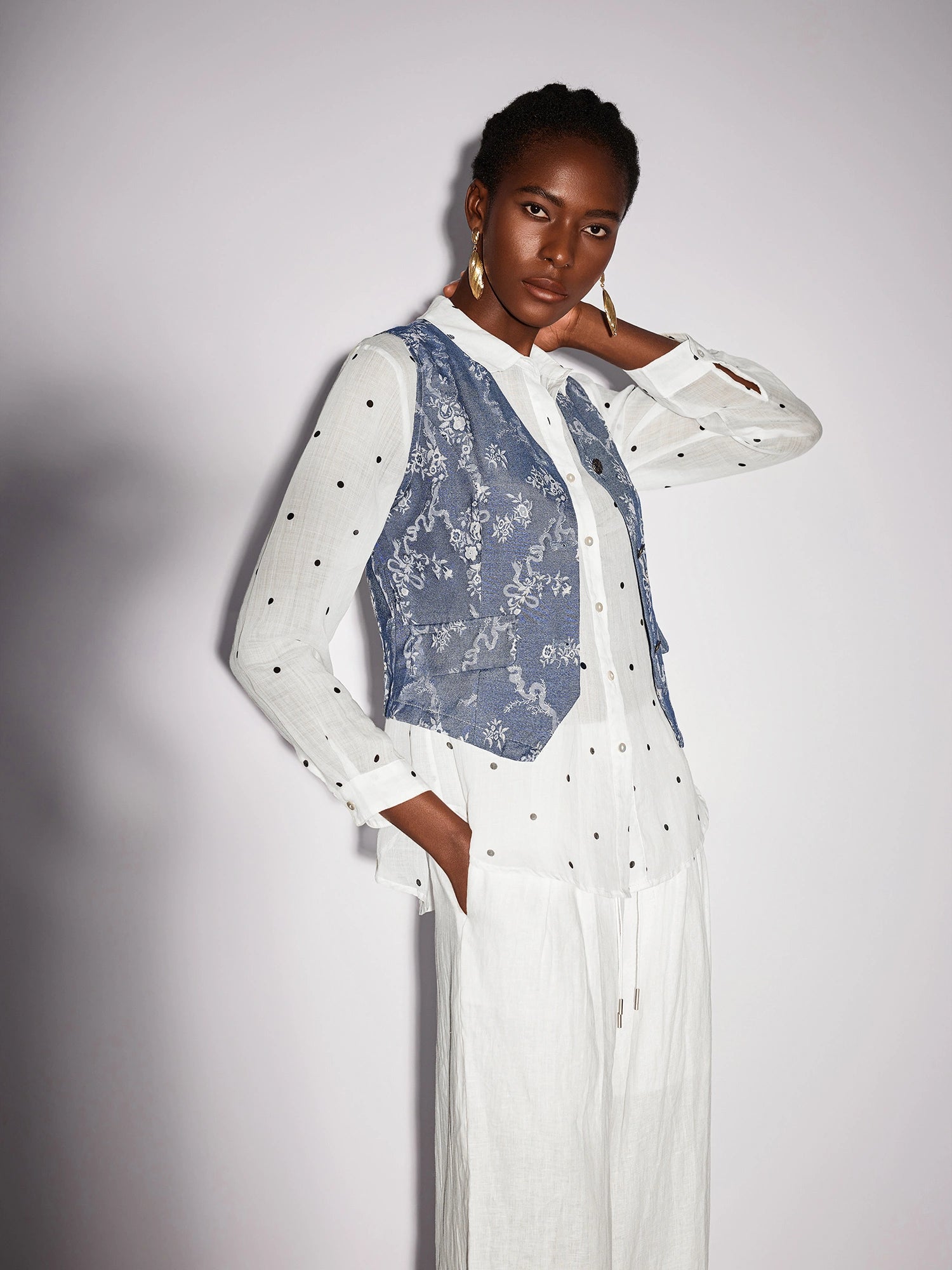 White Dot Shirt Two-Piece Set with Floral Blue Waistcoat|NOOSGOP