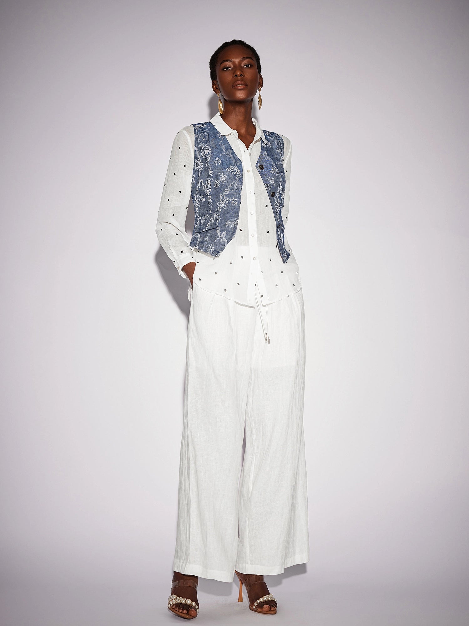 White Dot Shirt Two-Piece Set with Floral Blue Waistcoat|NOOSGOP