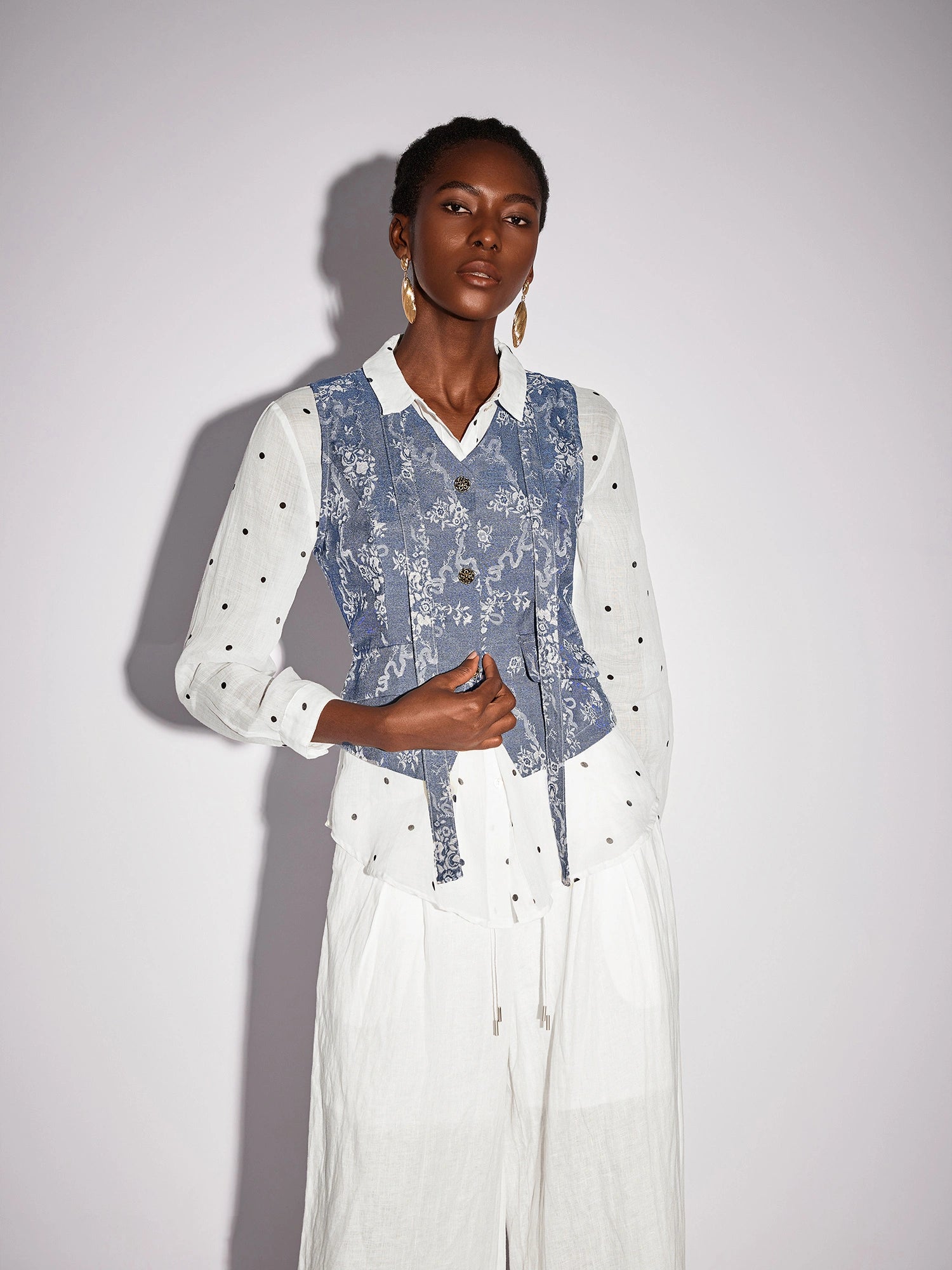 White Dot Shirt Two-Piece Set with Floral Blue Waistcoat|NOOSGOP