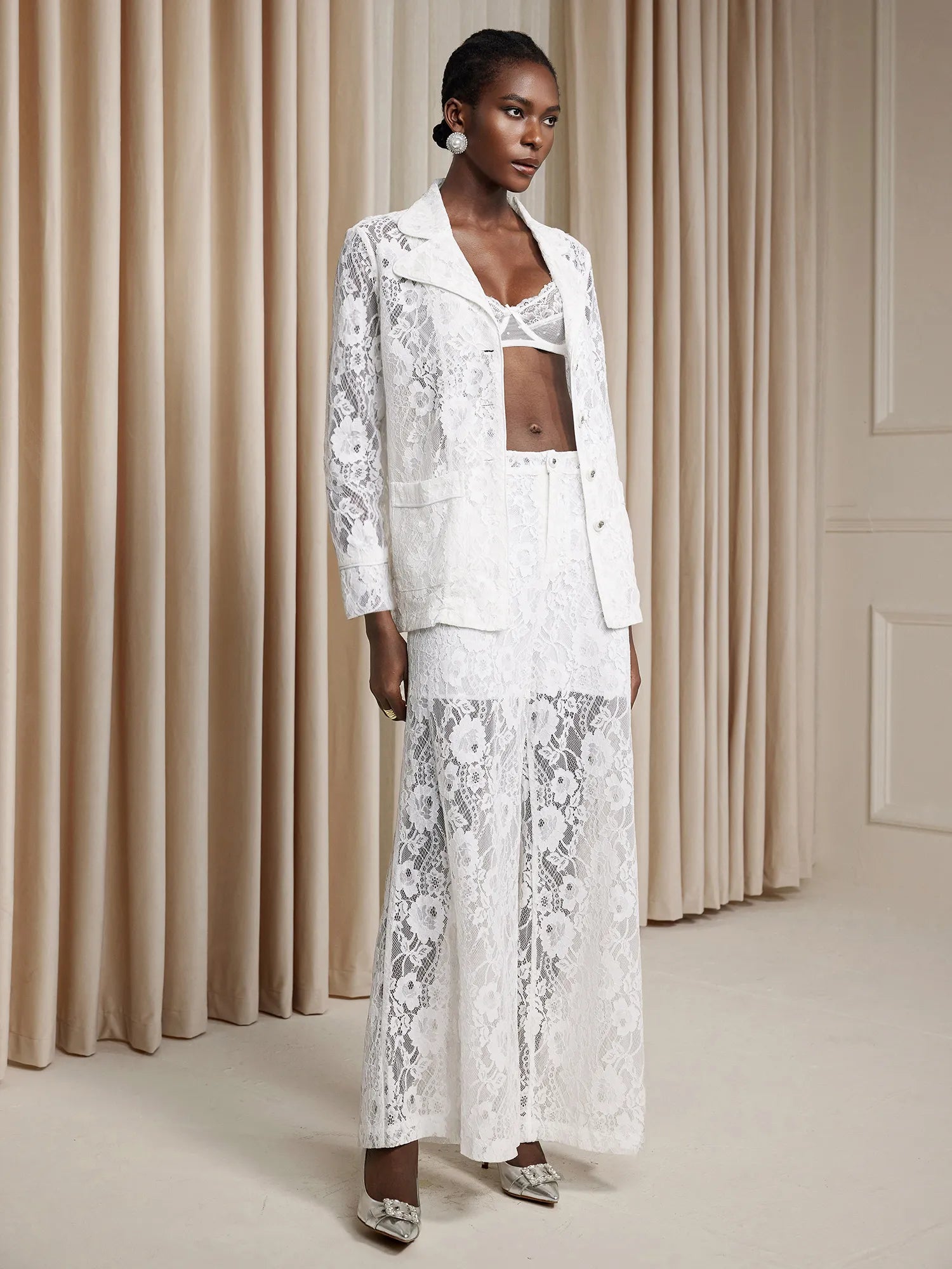 White Floral Sheer Lace-Up Two-Piece Set|NOOSGOP