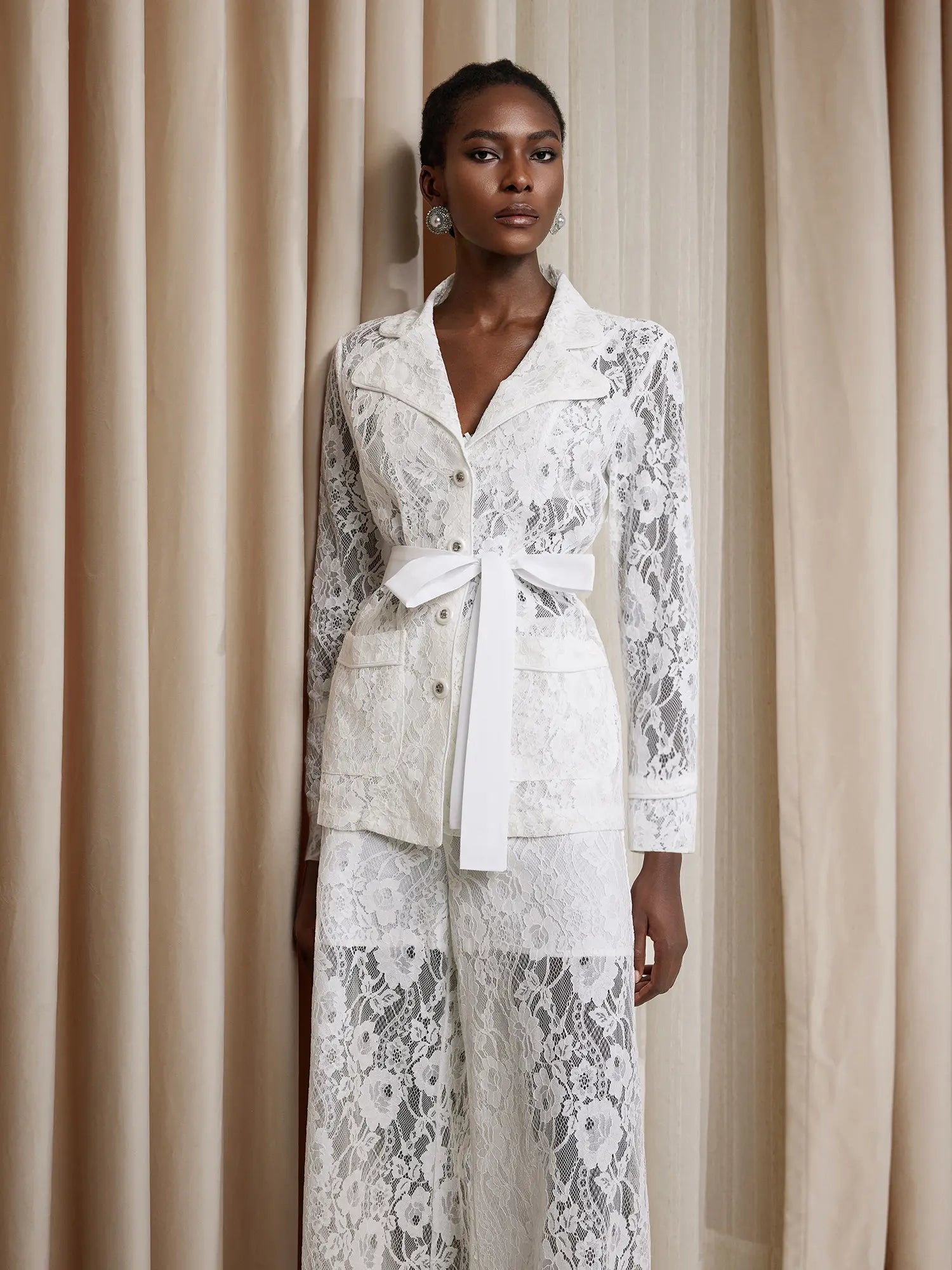 White Floral Sheer Lace-Up Two-Piece Set|NOOSGOP