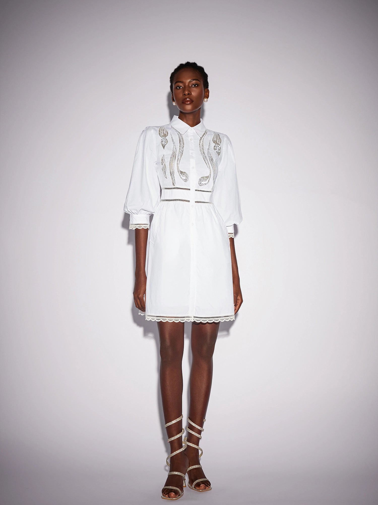 White High Neck Hollow-Out Patterned Mini Dress|NOOSGOP