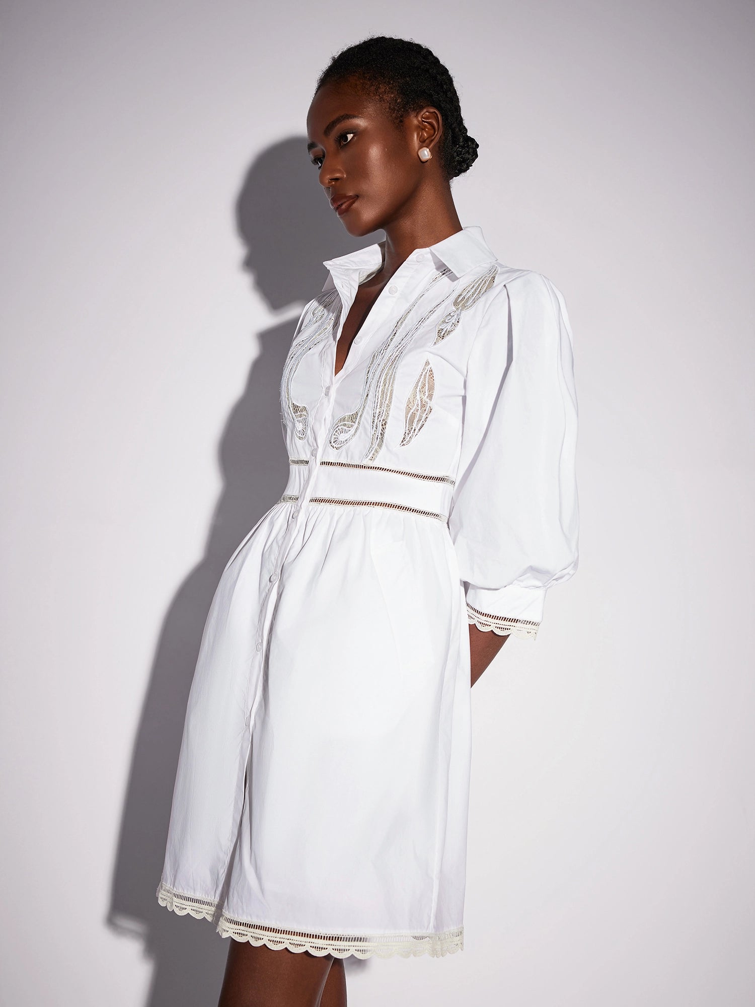 White High Neck Hollow-Out Patterned Mini Dress|NOOSGOP