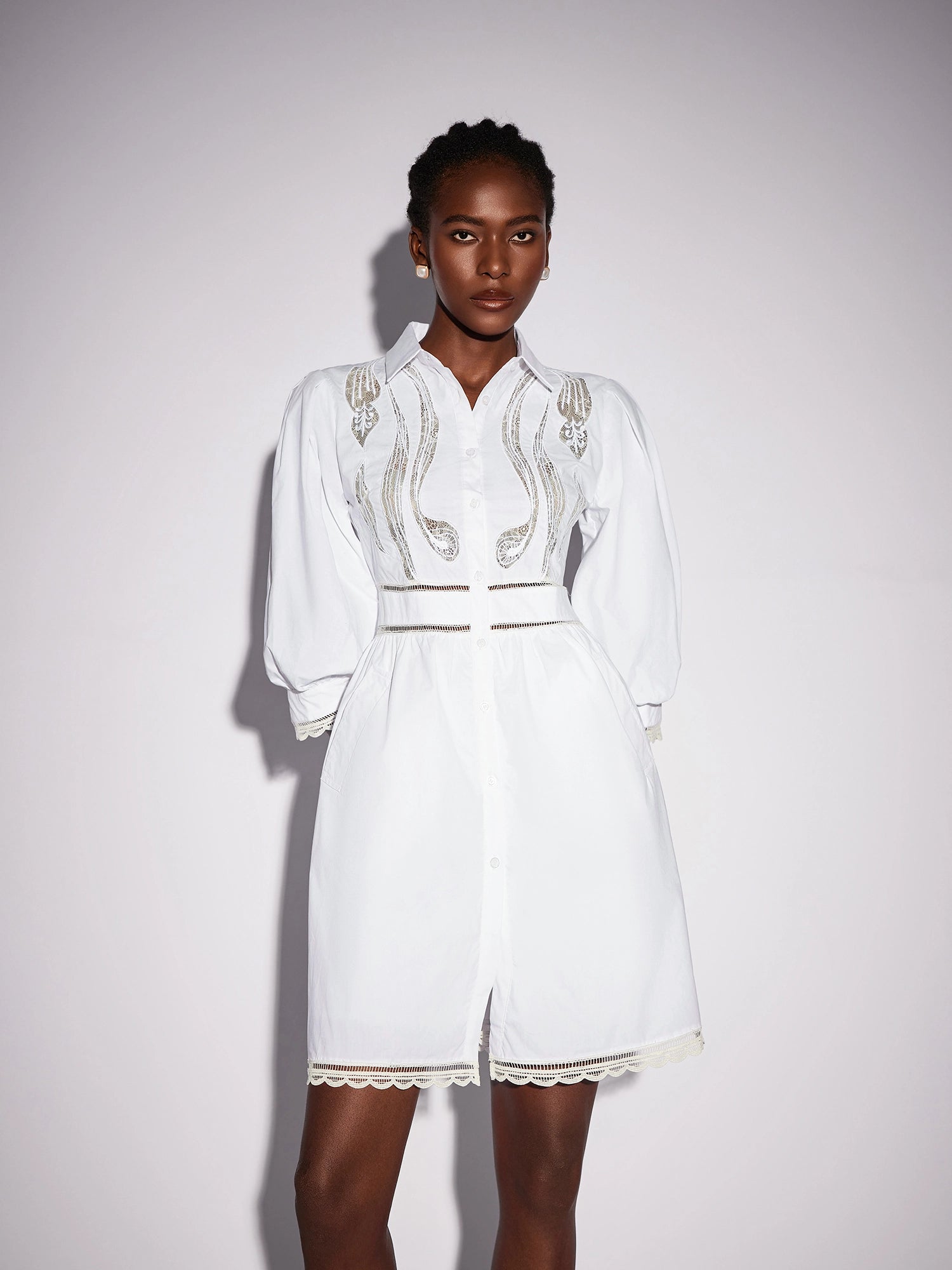 White High Neck Hollow-Out Patterned Mini Dress|NOOSGOP