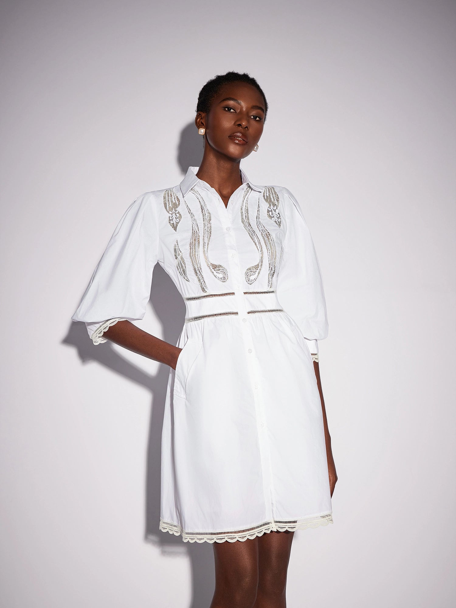 White High Neck Hollow-Out Patterned Mini Dress|NOOSGOP