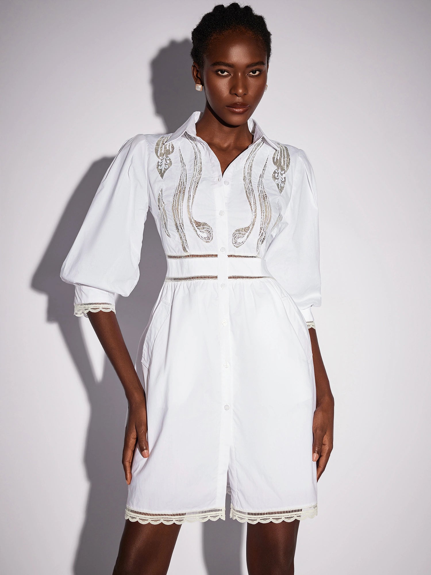 White High Neck Hollow-Out Patterned Mini Dress|NOOSGOP