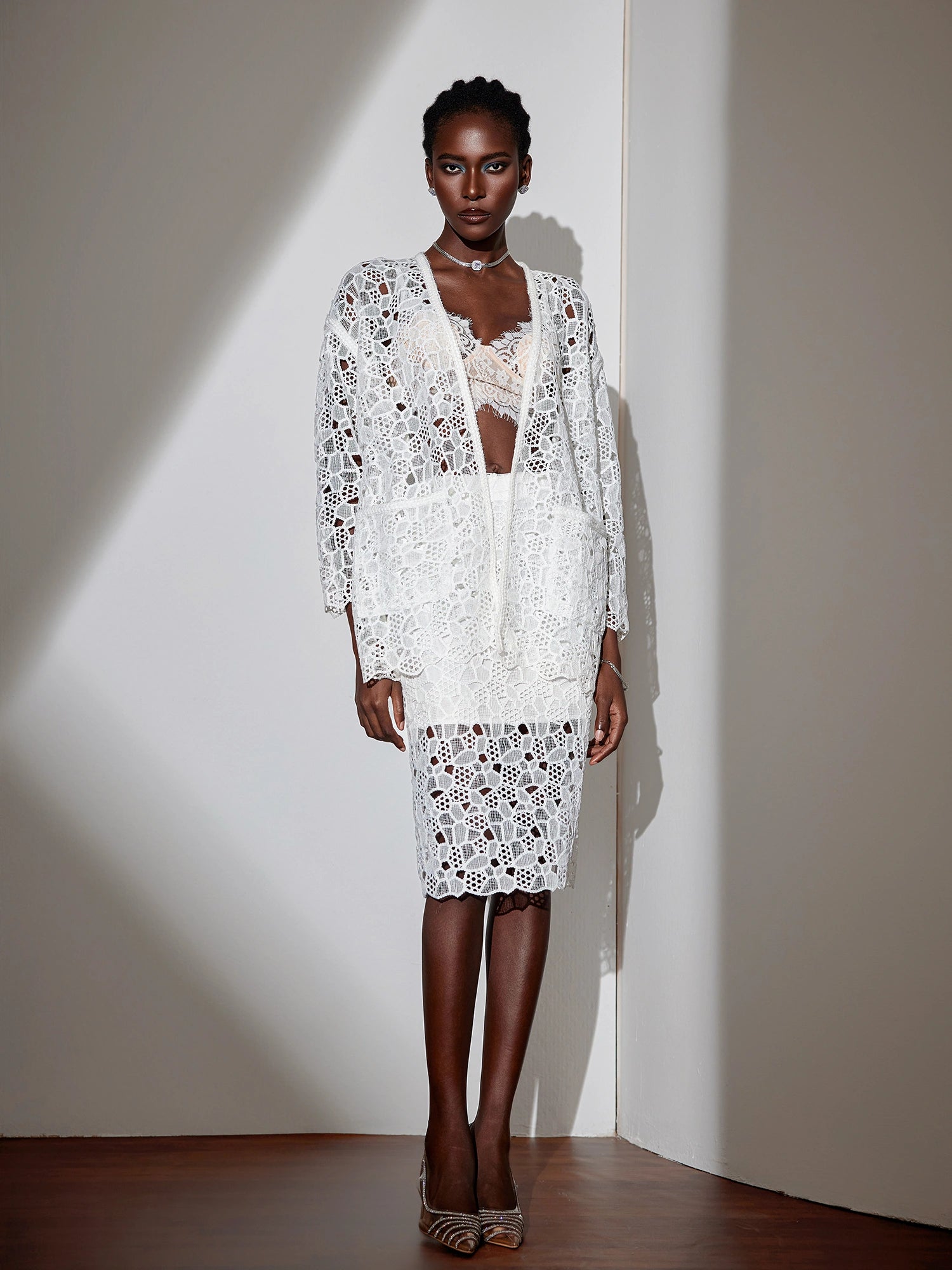 White Mesh Cut-Out Two-Piece Set|NOOSGOP