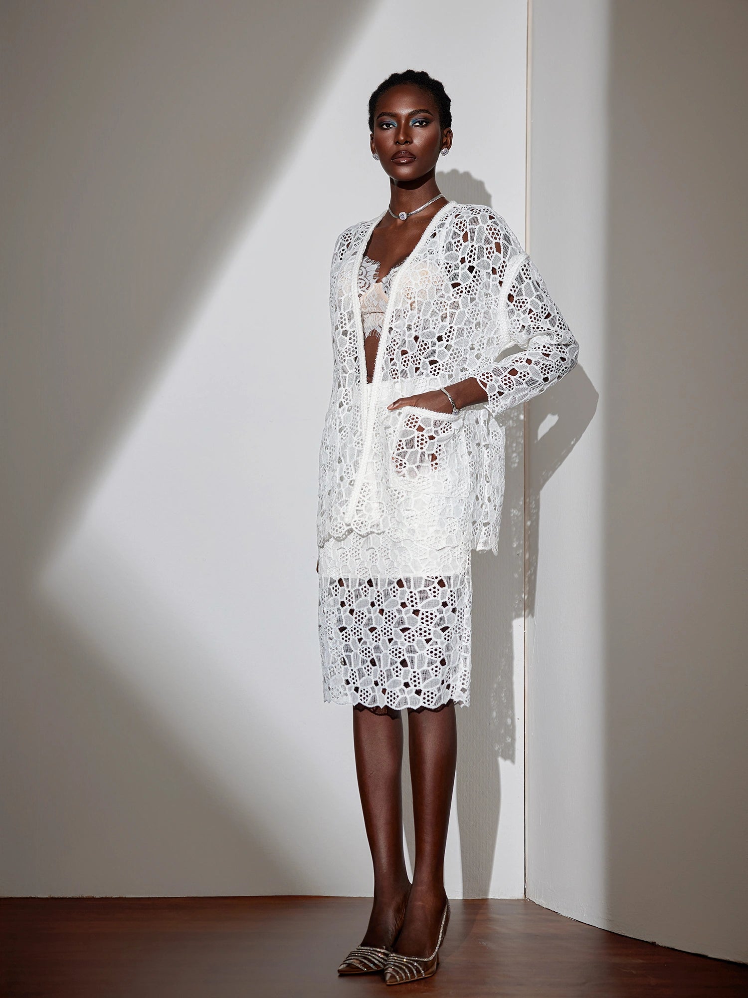 White Mesh Cut-Out Two-Piece Set|NOOSGOP