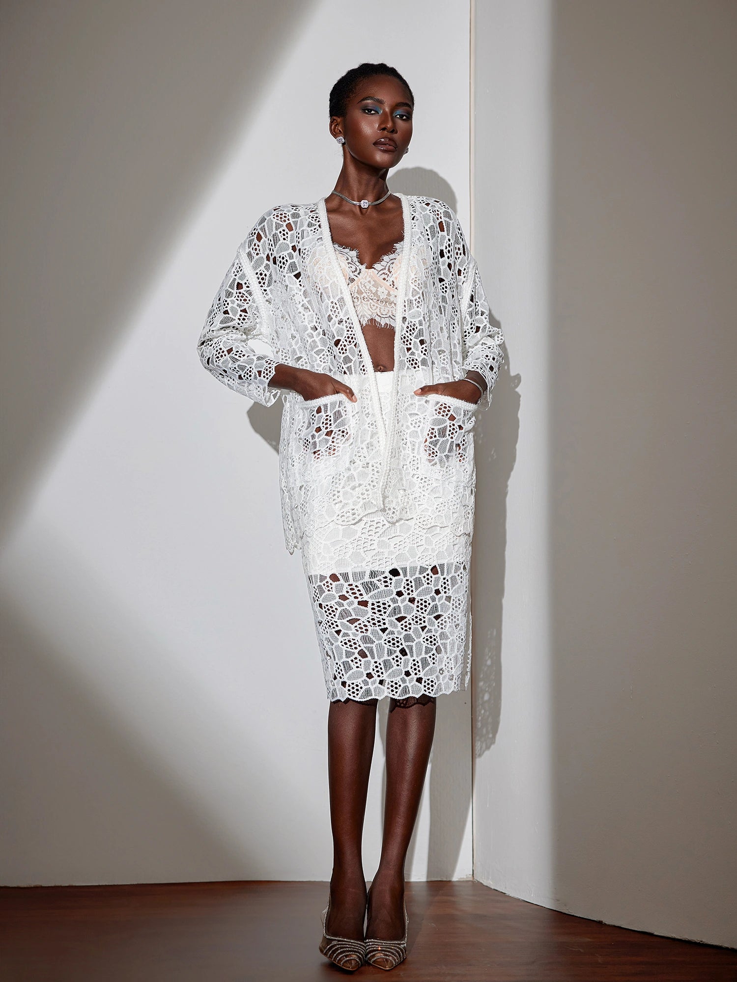 White Mesh Cut-Out Two-Piece Set|NOOSGOP