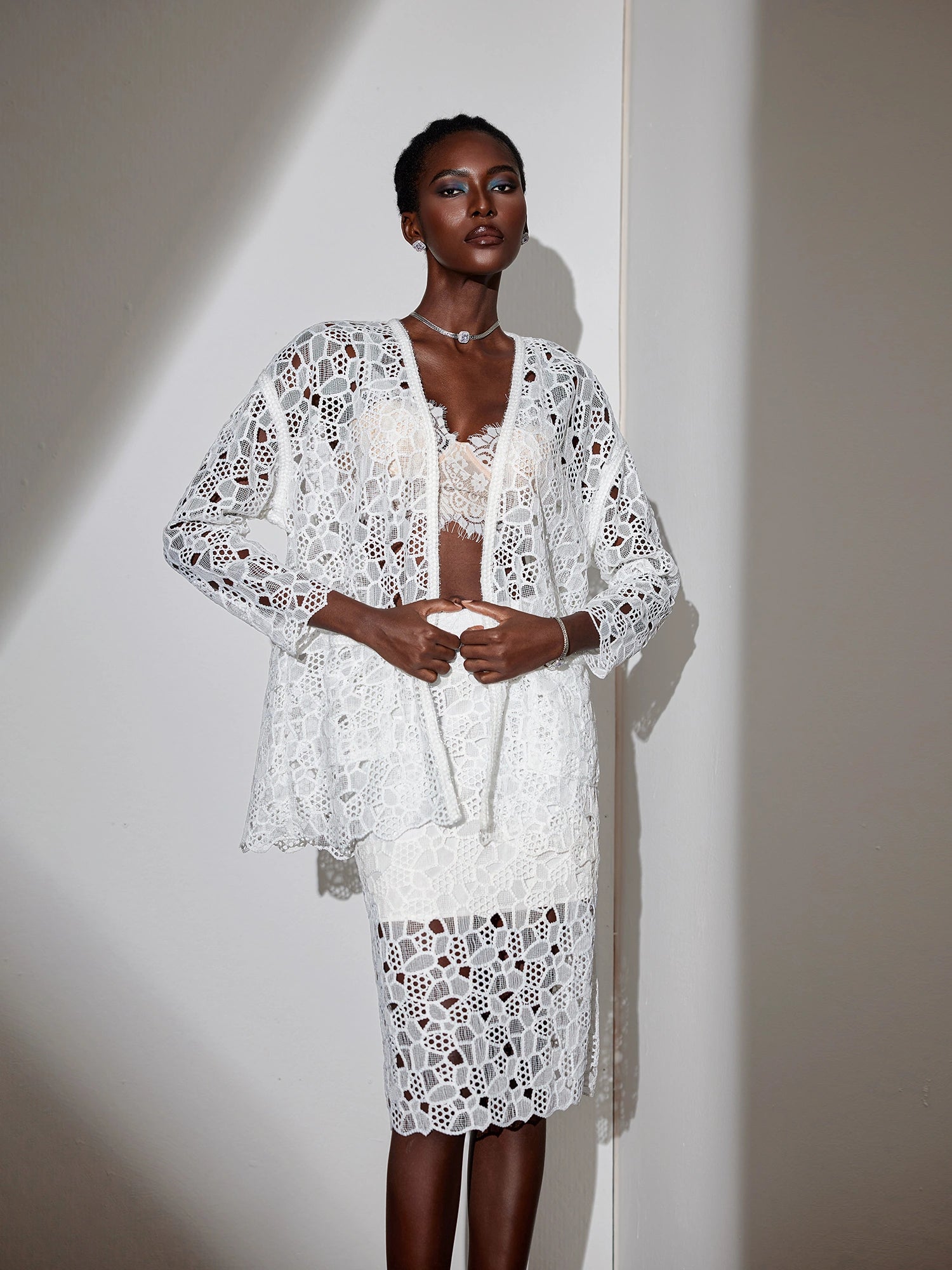 White Mesh Cut-Out Two-Piece Set|NOOSGOP