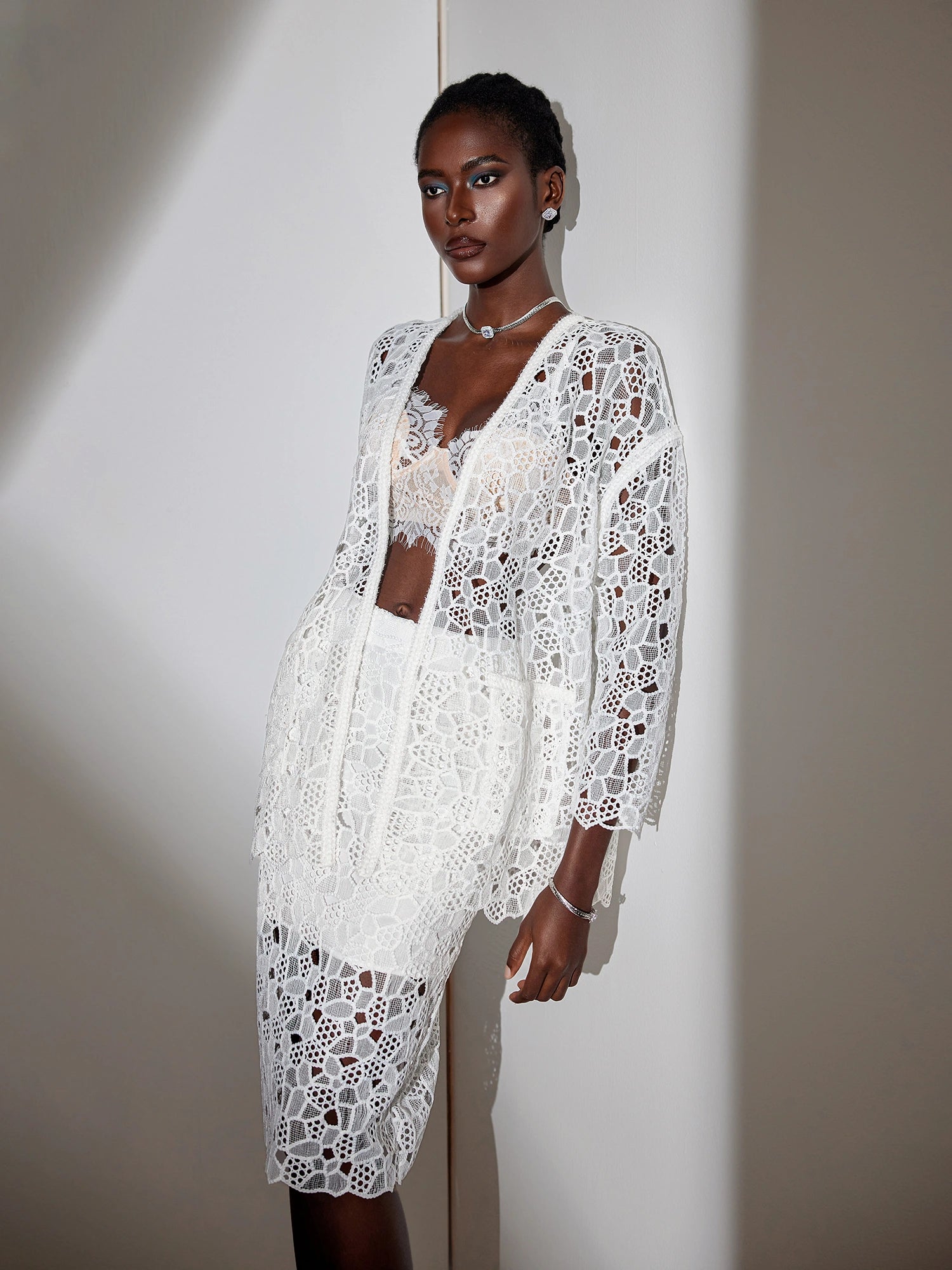 White Mesh Cut-Out Two-Piece Set|NOOSGOP