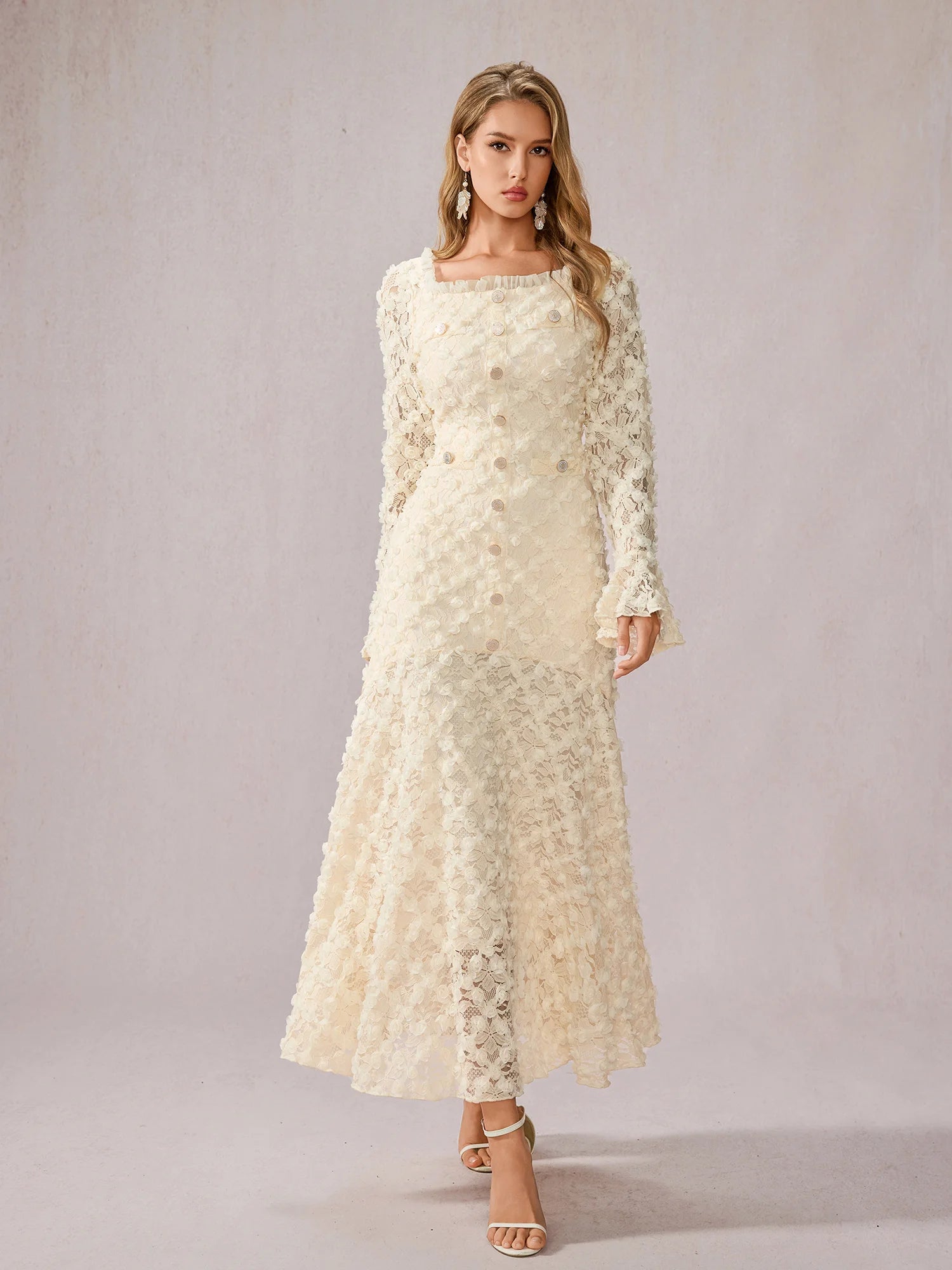 White Patchwork Square Neck Midi Dress|NOOSGOP