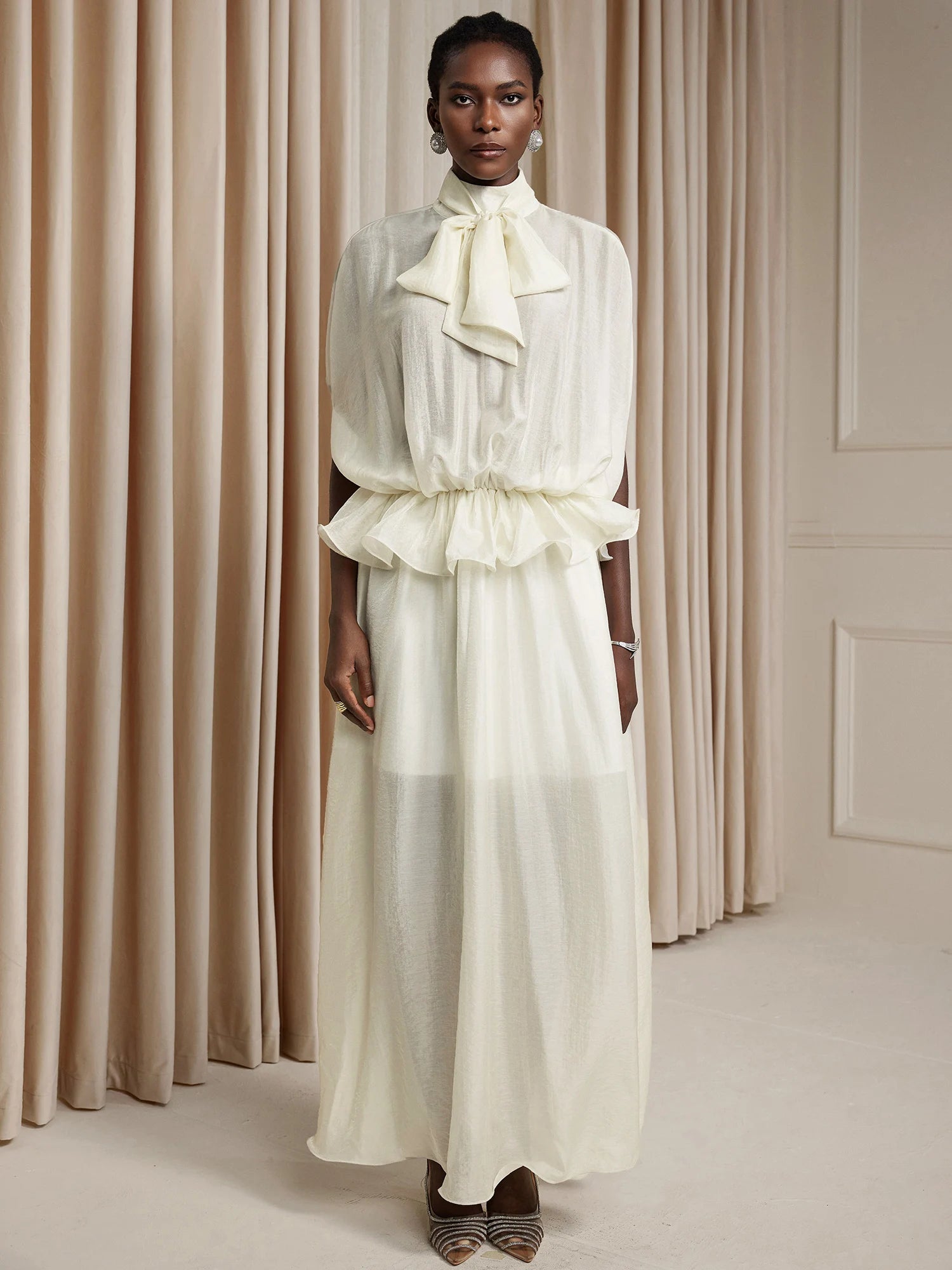 White Ruched Tie-Front Maxi Dress|NOOSGOP