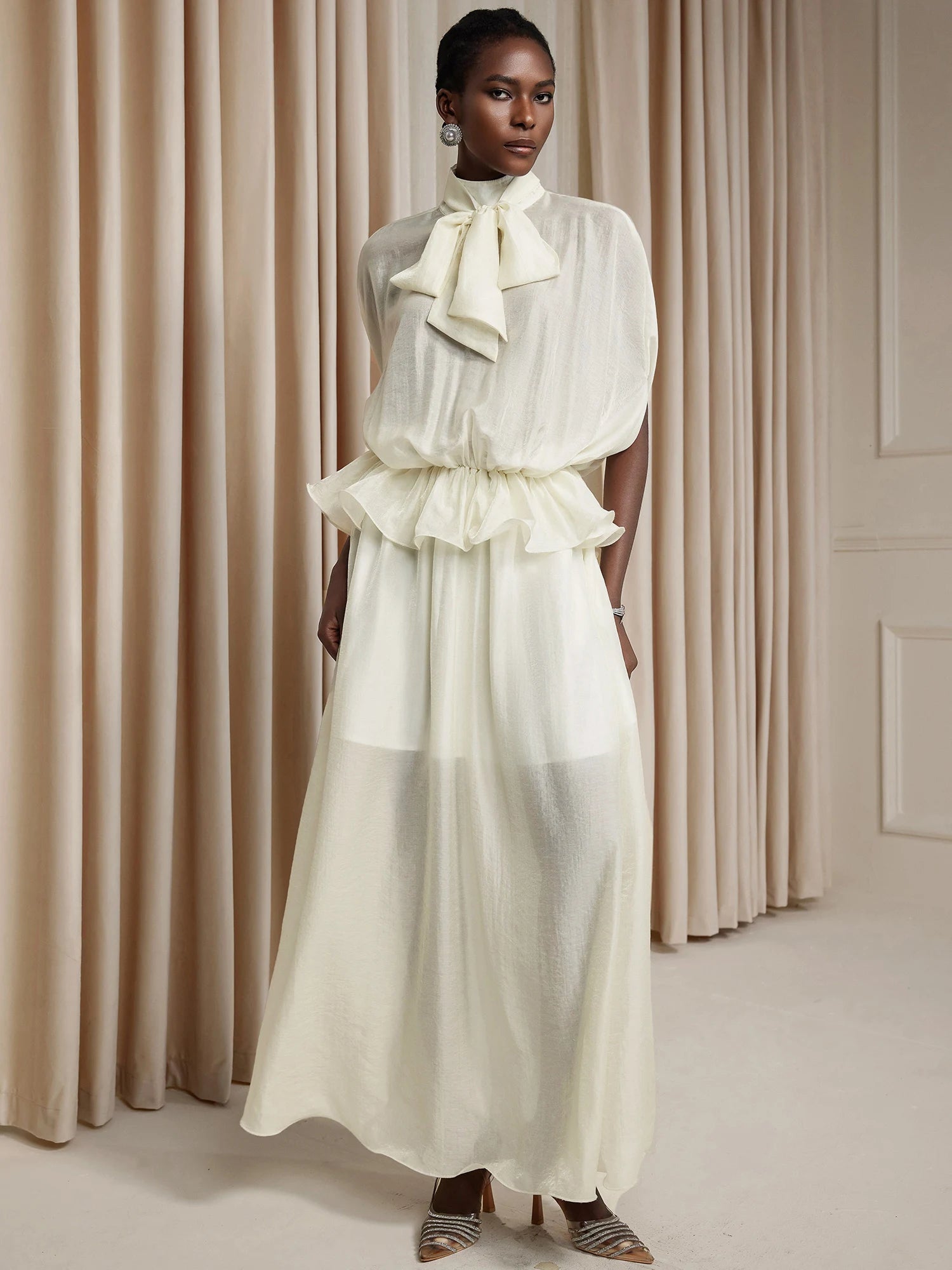 White Ruched Tie-Front Maxi Dress|NOOSGOP