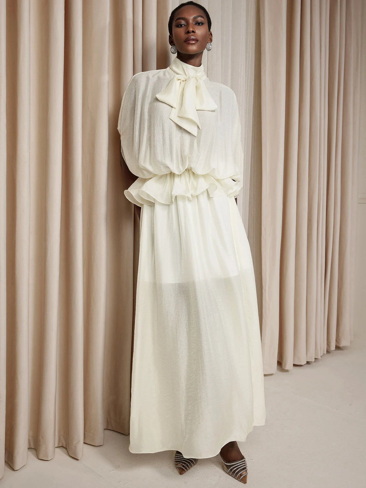 White Ruched Tie-Front Maxi Dress|NOOSGOP