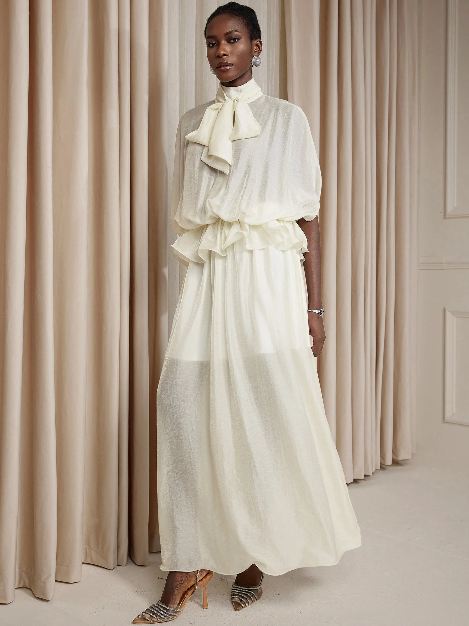 White Ruched Tie-Front Maxi Dress|NOOSGOP