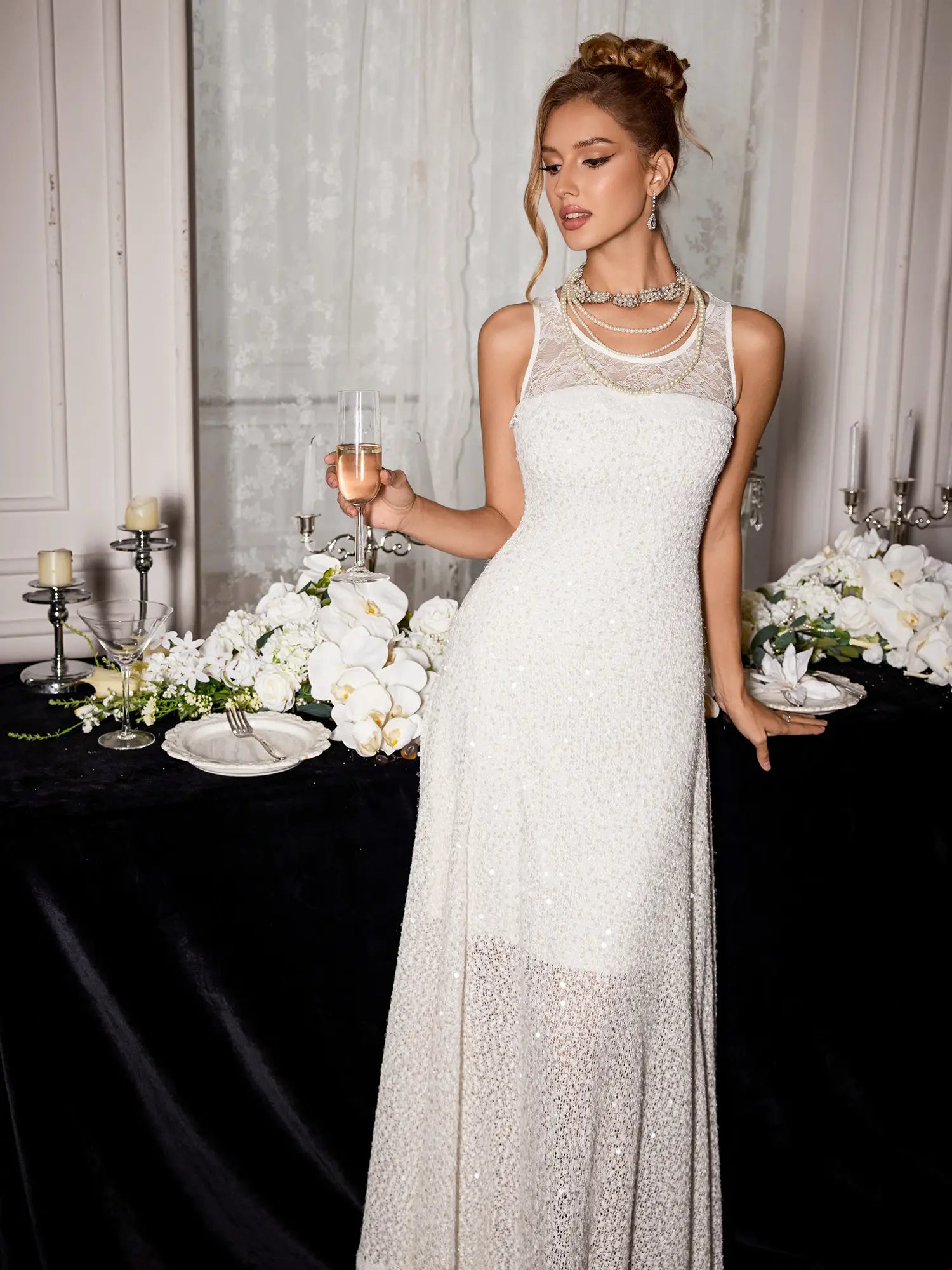 White Sequin Mesh Midi Dress|NOOSGOP