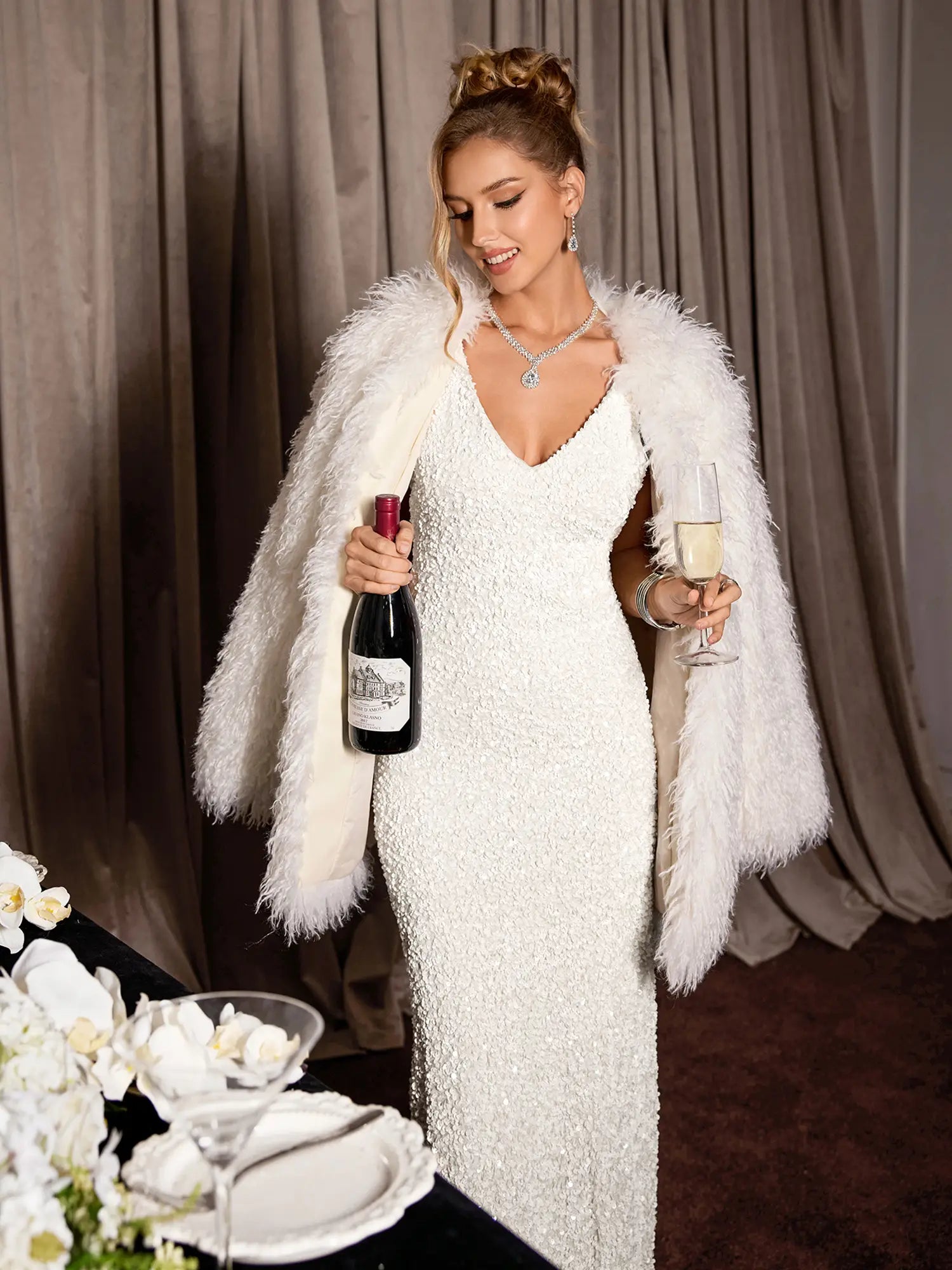 White Sleeveless Sparkly Evening Midi Dress|NOOSGOP