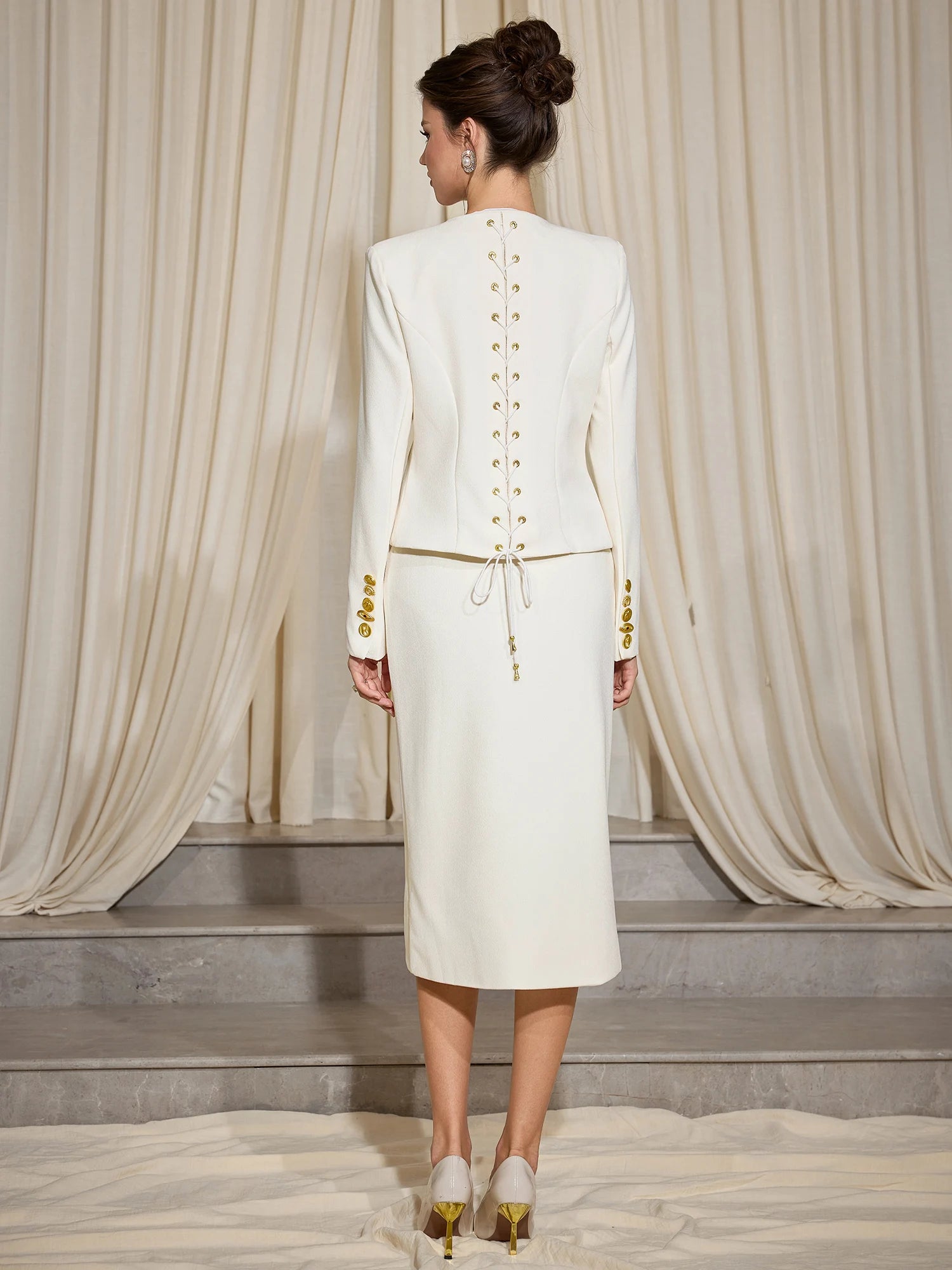 White Slim Fit Gold Button Two-Piece Set|NOOSGOP