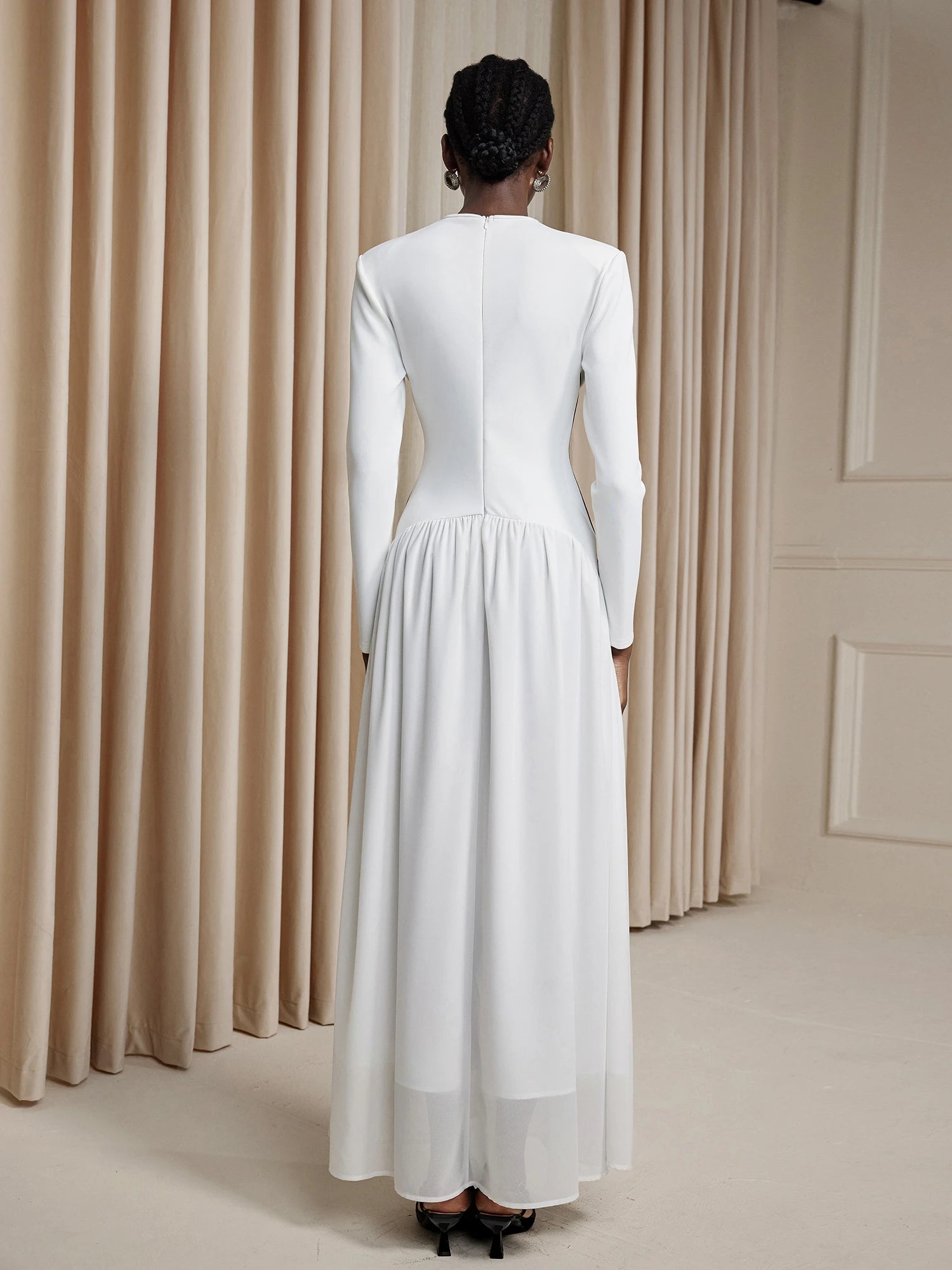 White V-Neck High-Waist Maxi Dress|NOOSGOP