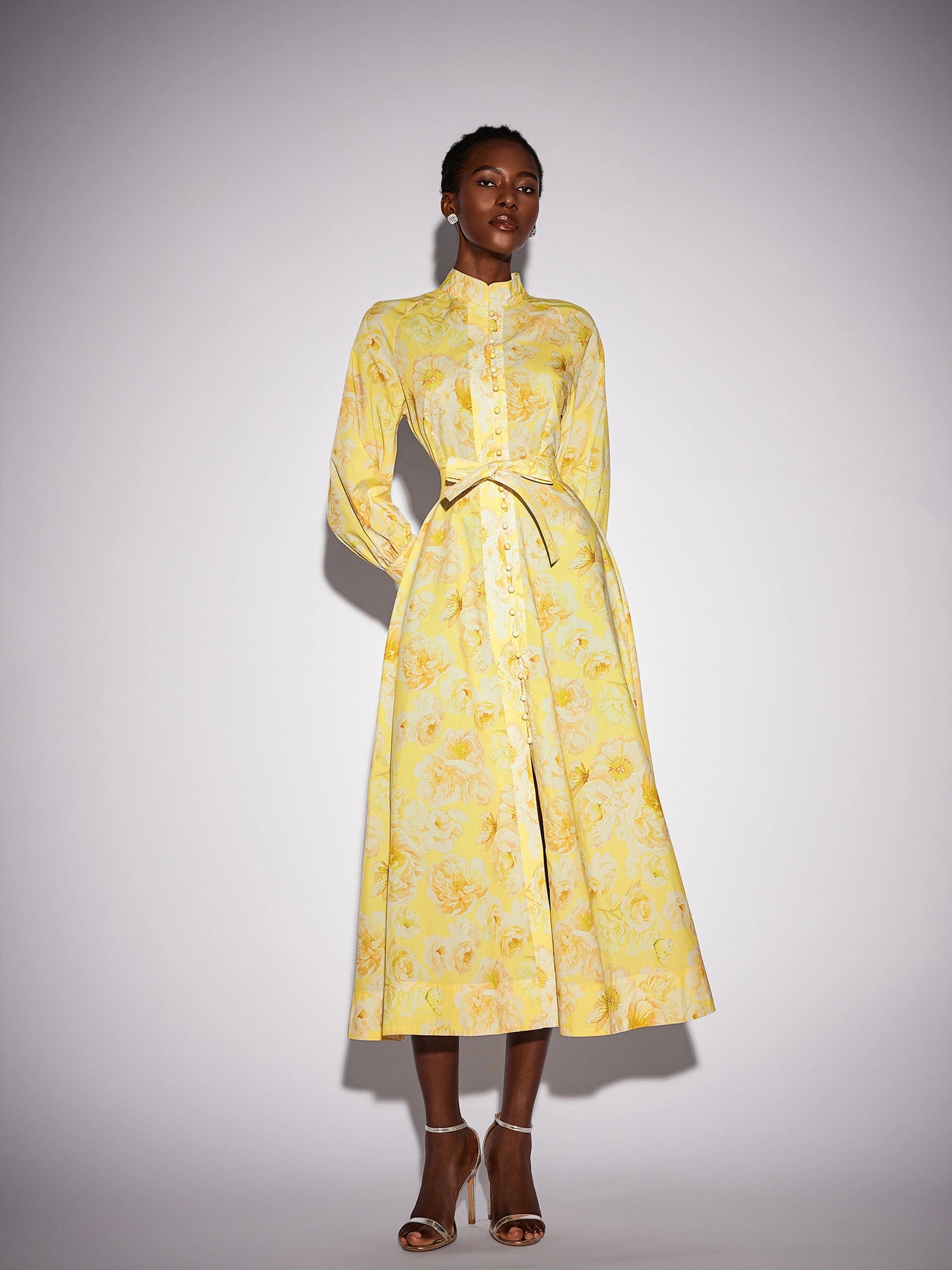 Yellow Floral Print Tie Waist Midi Dress|NOOSGOP