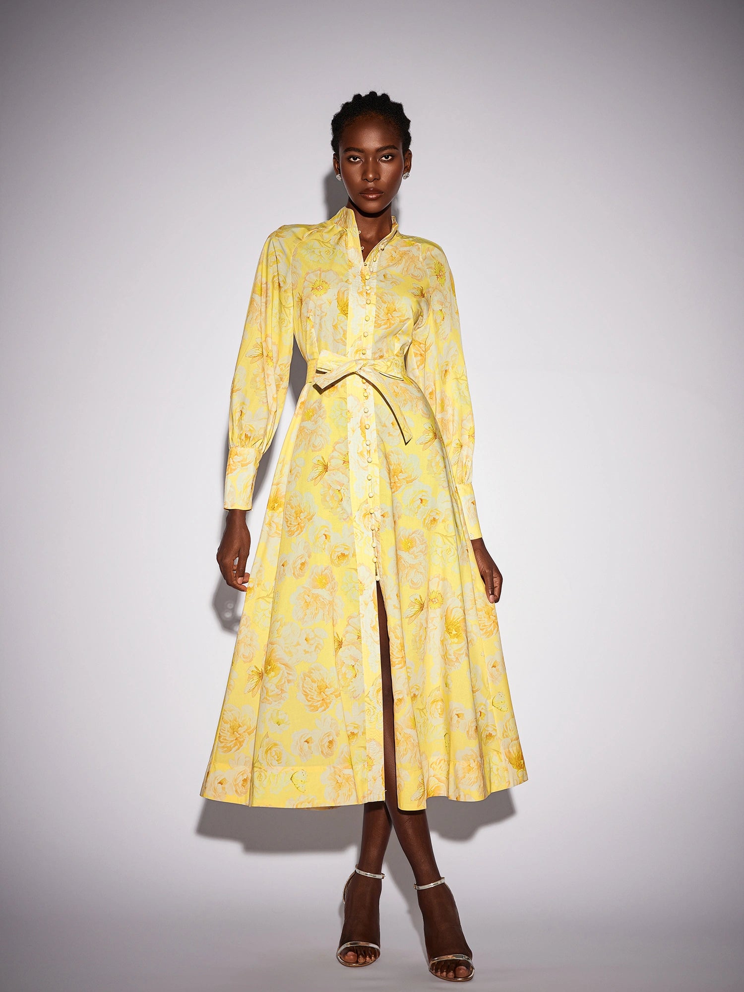 Yellow Floral Print Tie Waist Midi Dress|NOOSGOP