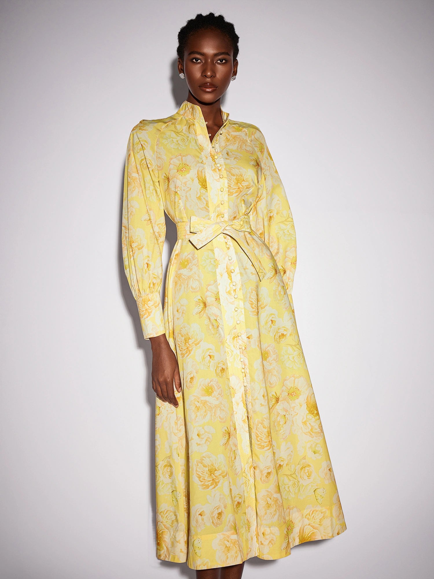 Yellow Floral Print Tie Waist Midi Dress|NOOSGOP